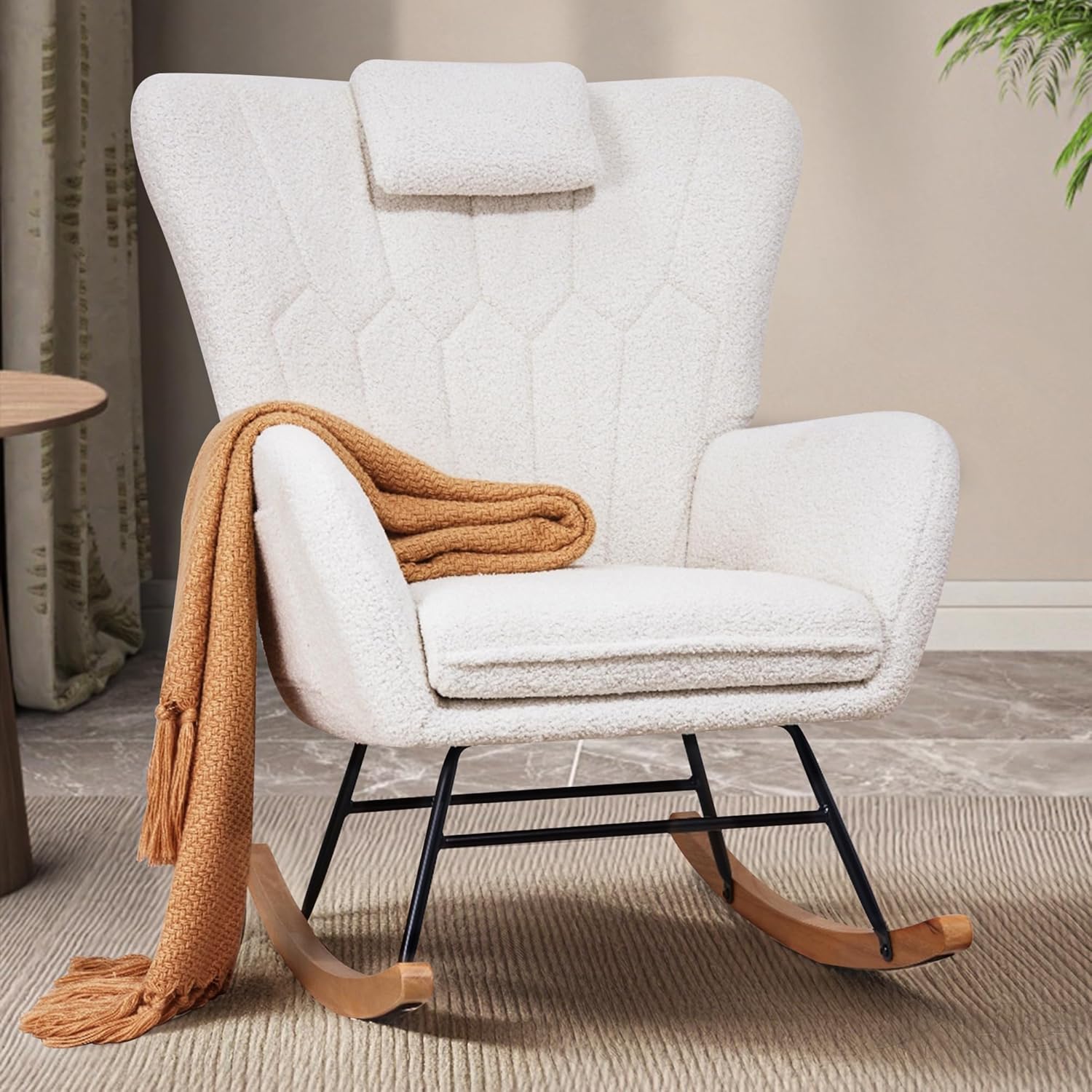 VECELO Rocking Chair Nursery with Thick Headrest, Modern Teddy Upholstered Reading Glider Rocker Accent Armchair with High Backrest