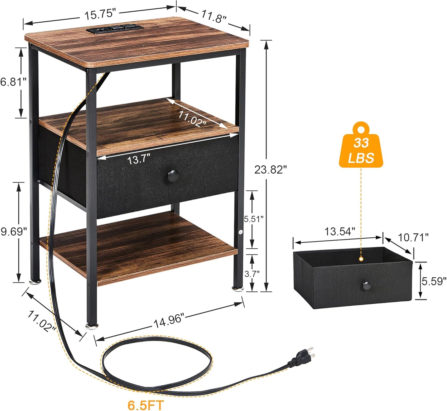 VECELO End Table with Charging Station