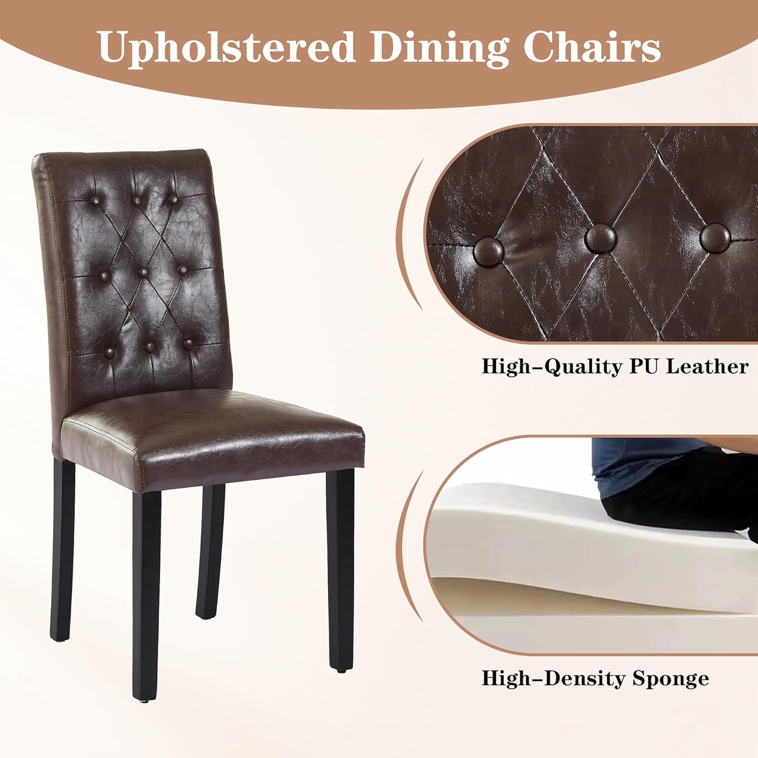 VECELO Upholstered Dining Chairs Set of 2 Button Tufted Back, Padded Seat, Wood Legs with Rubber Footpads