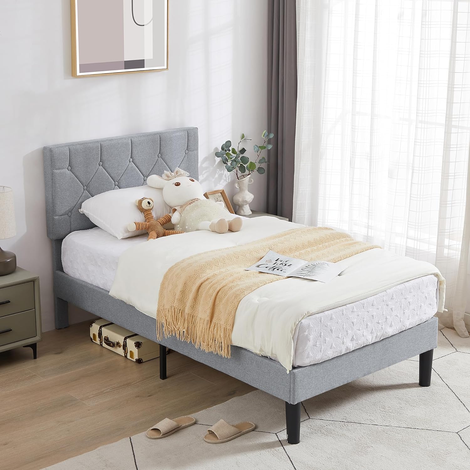 VECELO Queen Size Bed Frame, Upholstered Platform with Adjustable Diamond Tufted Headboard