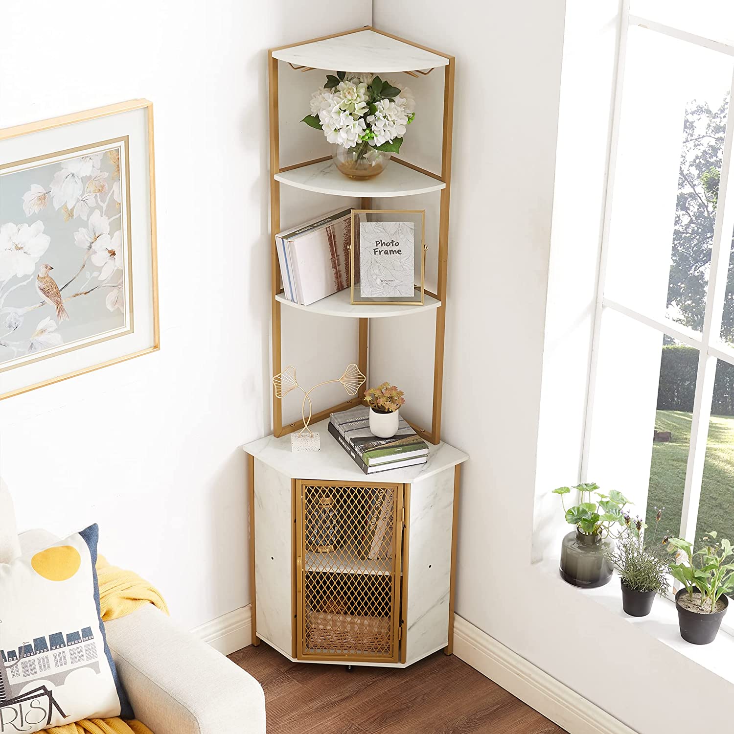 VECELO 5 Tier Corner Storage Cabinet with Wooden Shelves Free-Standing