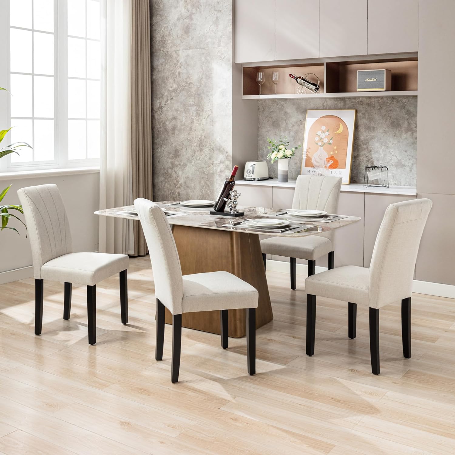 VECELO Set of 2 Upholstered Dining Chairs, Modern Fabric and Solid Wood Legs & High Back