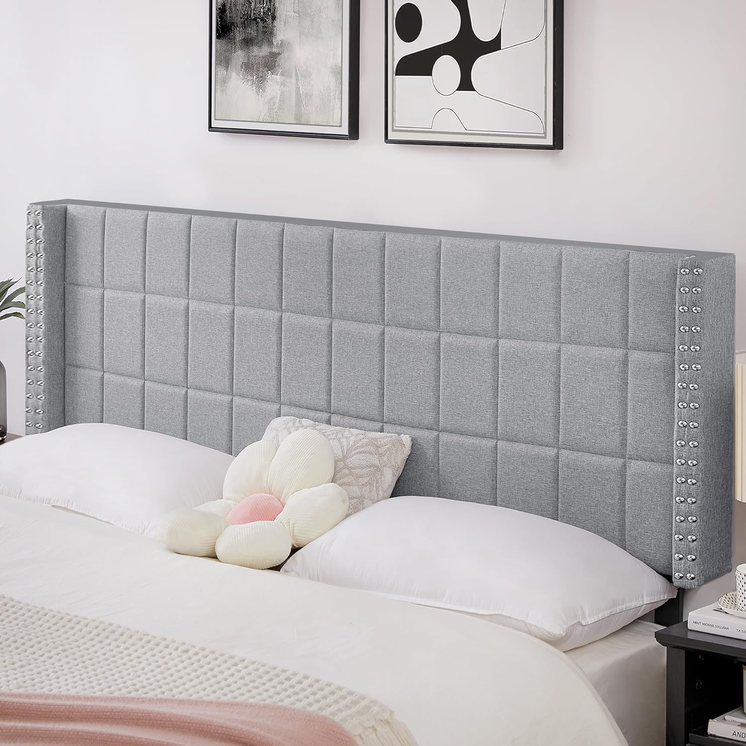 VECELO Linen Upholstered Headboard for Queen/King Size Bed, Tufted Nailhead & Double Wingback for Bedroom