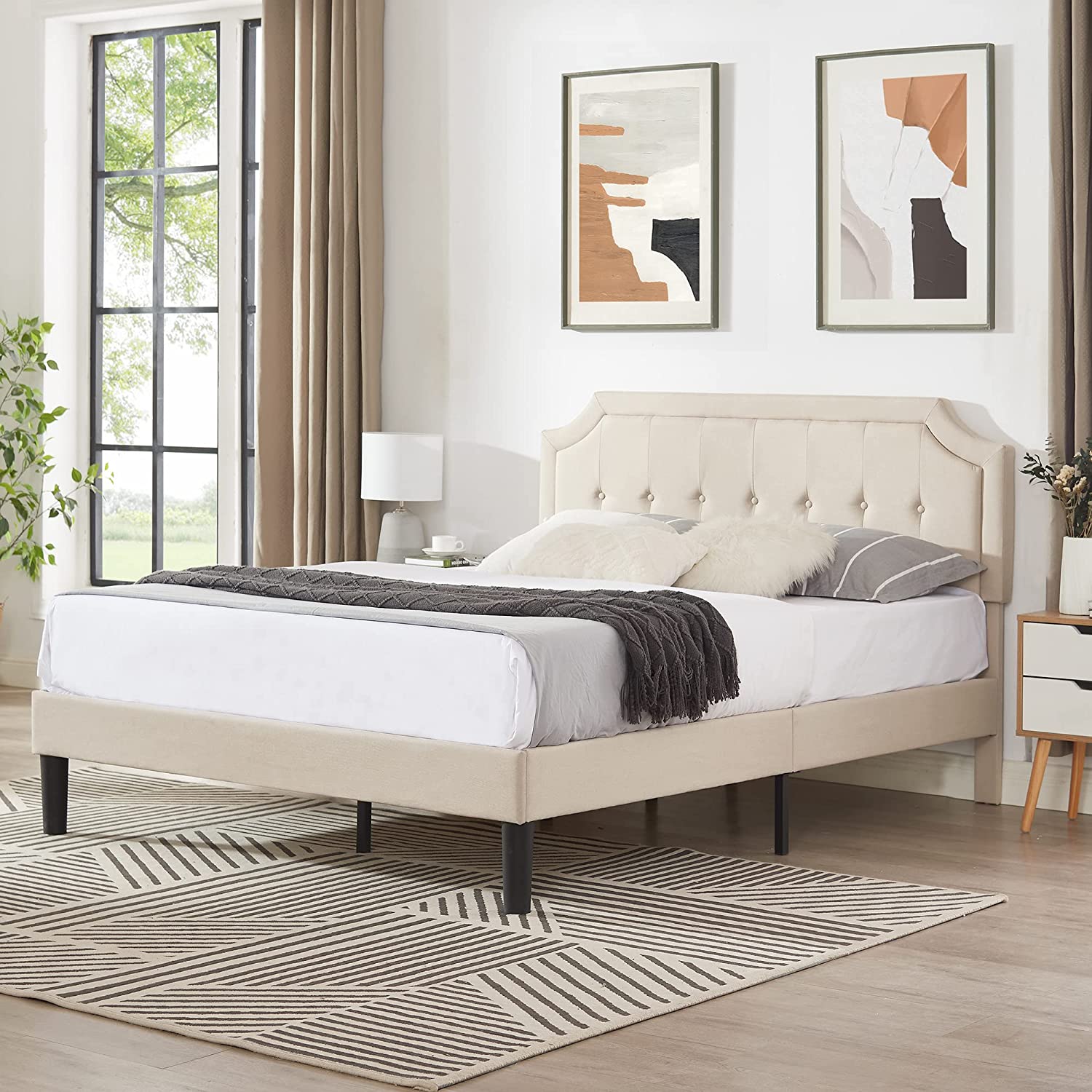 Premium Upholstered Platform Bed Diamond Stitched Panel Headboard