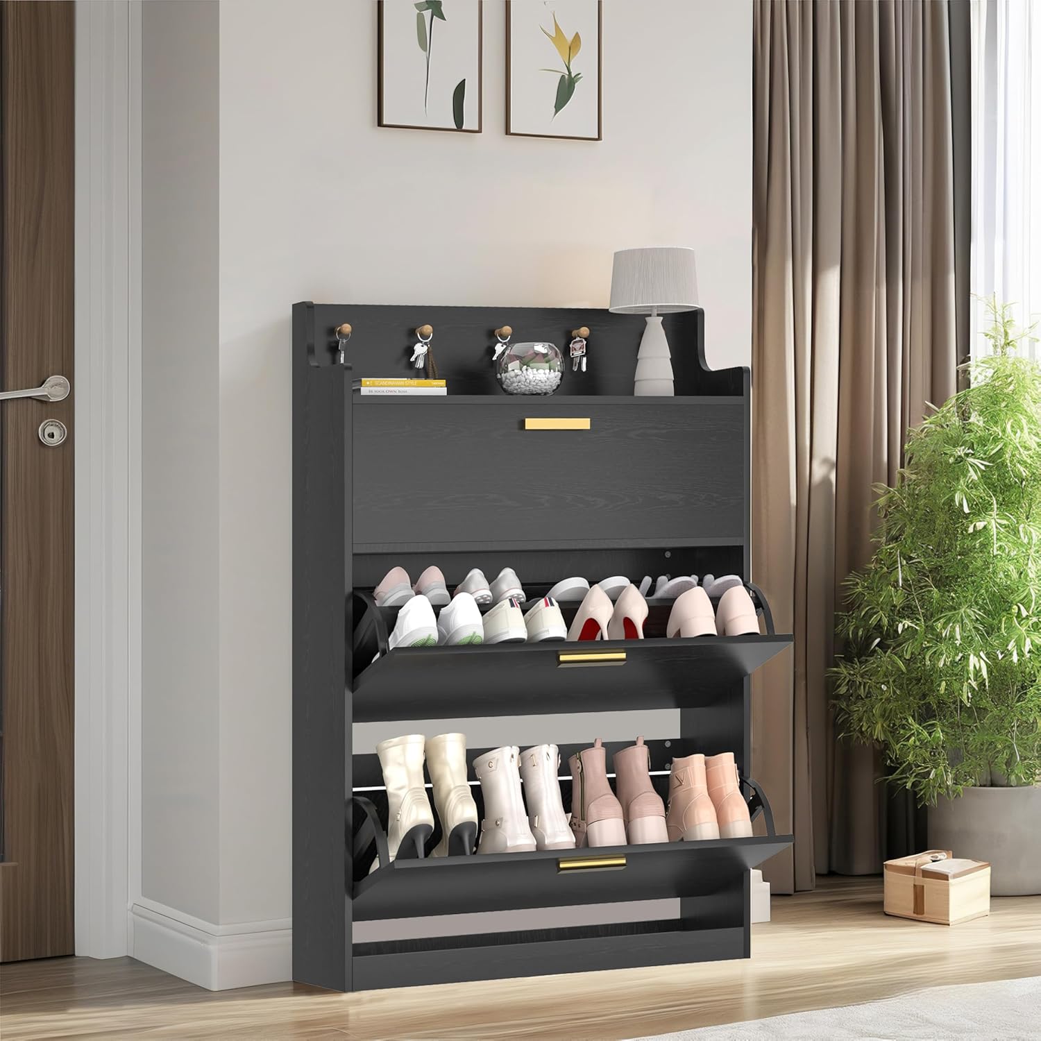 VECELO Shoe Cabinet with 2 Flip Drawers for Entryway