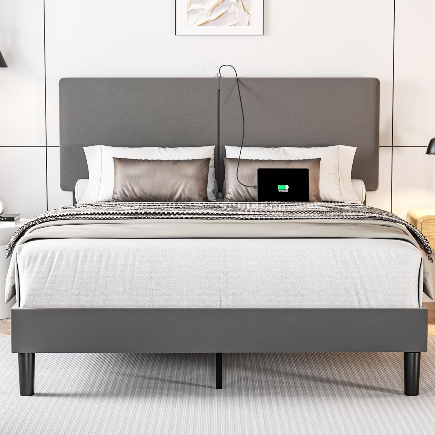 VECELO Twin/Full/Queen Bed Frame Upholstered Platform with Type-C & USB Ports Height-Adjustable Cotton and Linen Headboard