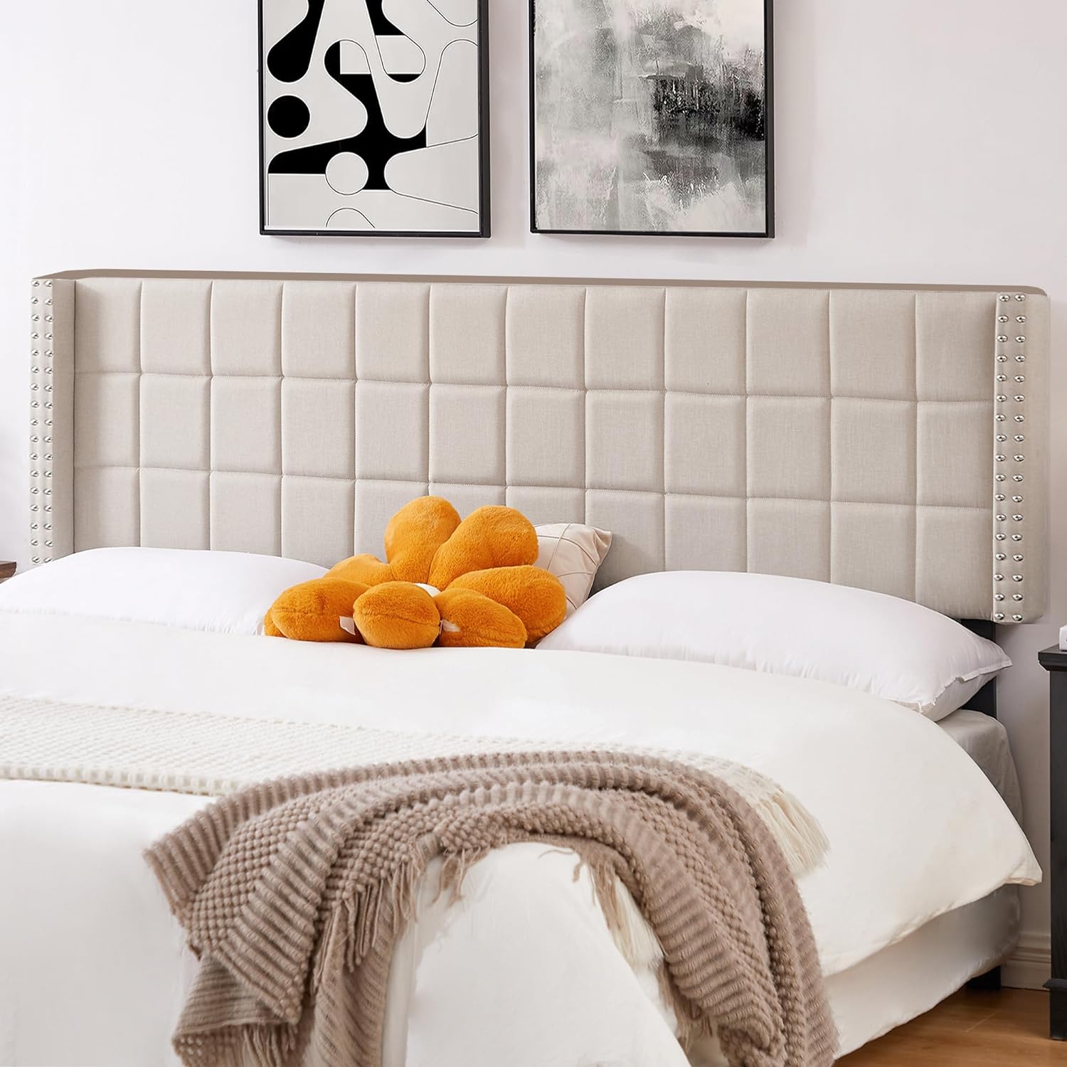 VECELO Linen Upholstered Headboard for Queen/King Size Bed, Tufted Nailhead & Double Wingback for Bedroom