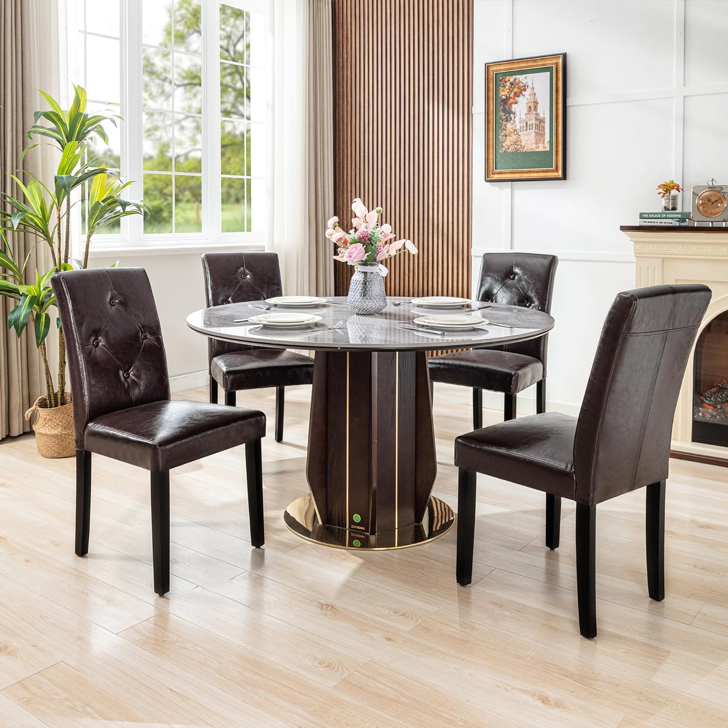 VECELO Upholstered Dining Set of 2 Modern Fabric Dinning Chair with Solid Wood Legs and High Back