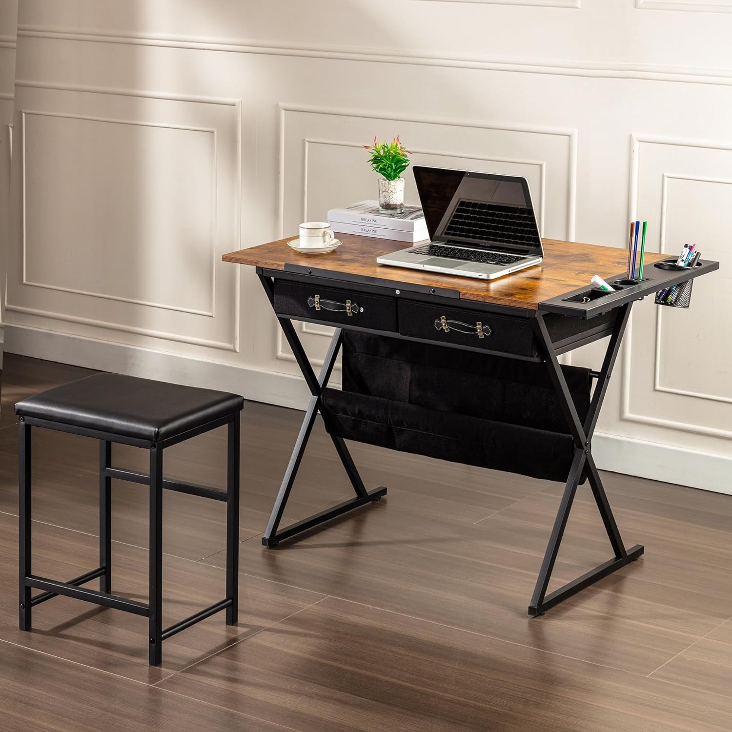 VECELO Drafting Table Adjustable Desk Tilted Tabletop with 2 Storage Drawers and Stool