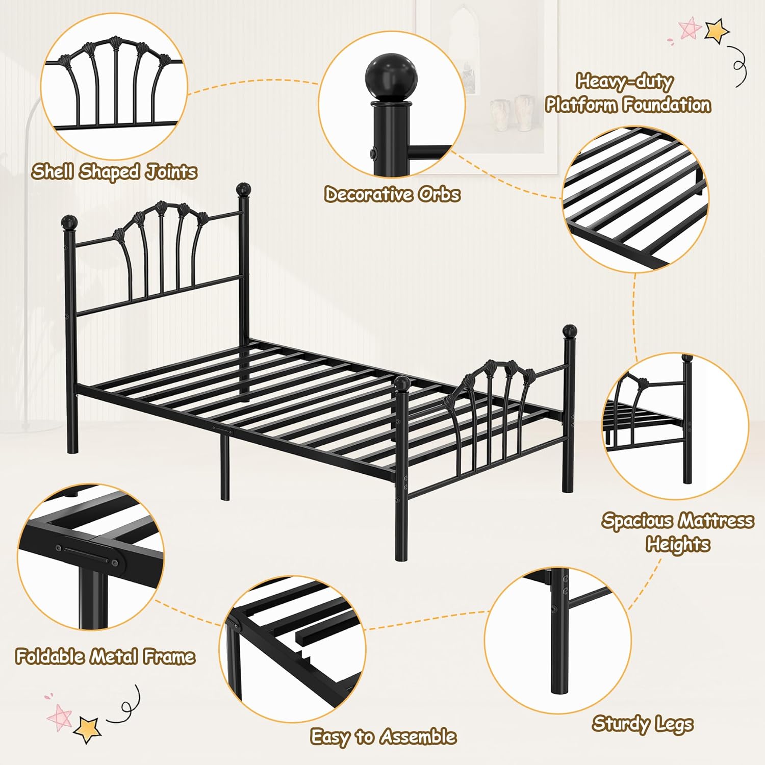 VECELO Twin Size Metal Bed Frame with Shell Headboard and Footboard