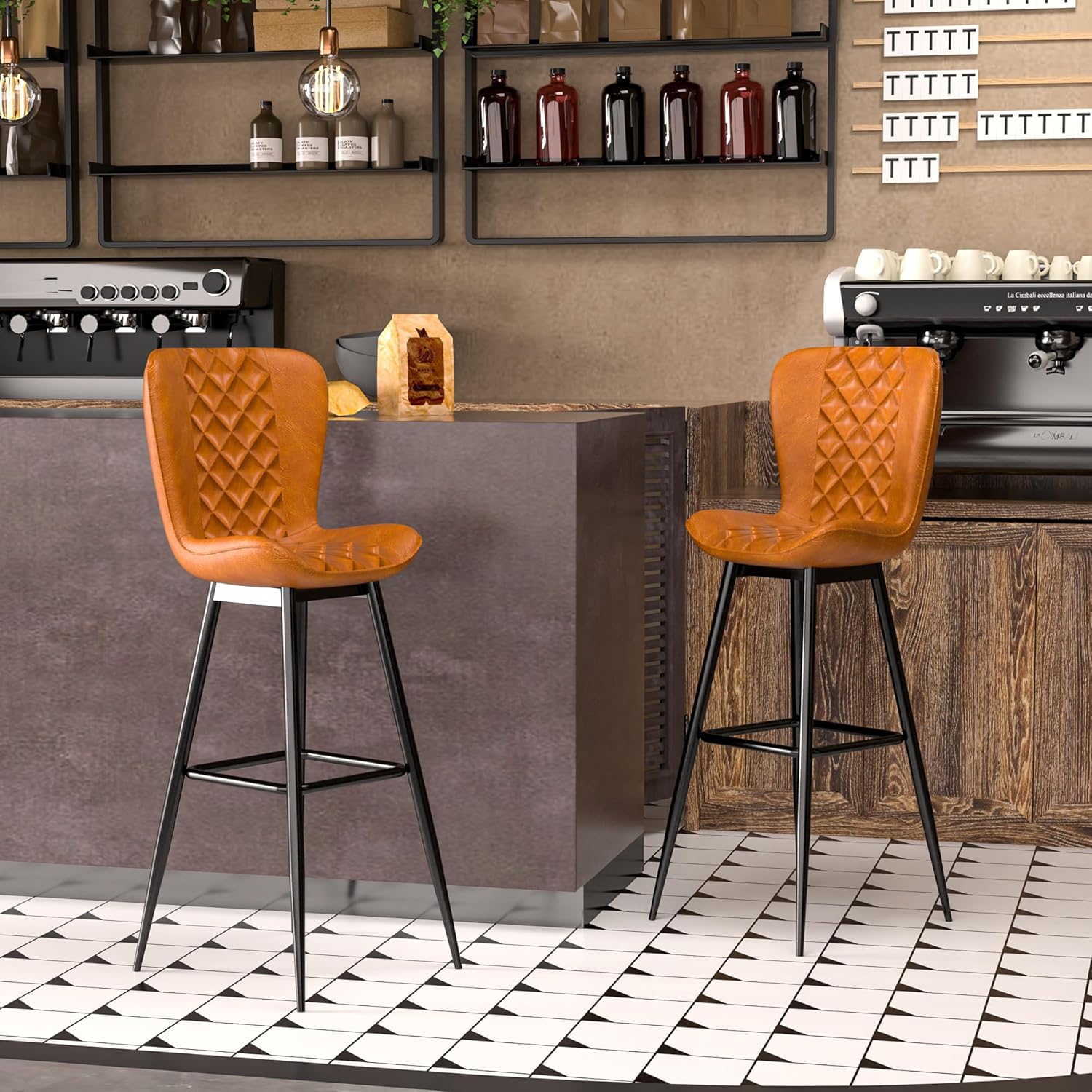 VECELO Quilted Bar Stools Set of 2, Bar Height Bar Stools with Back & Footrest