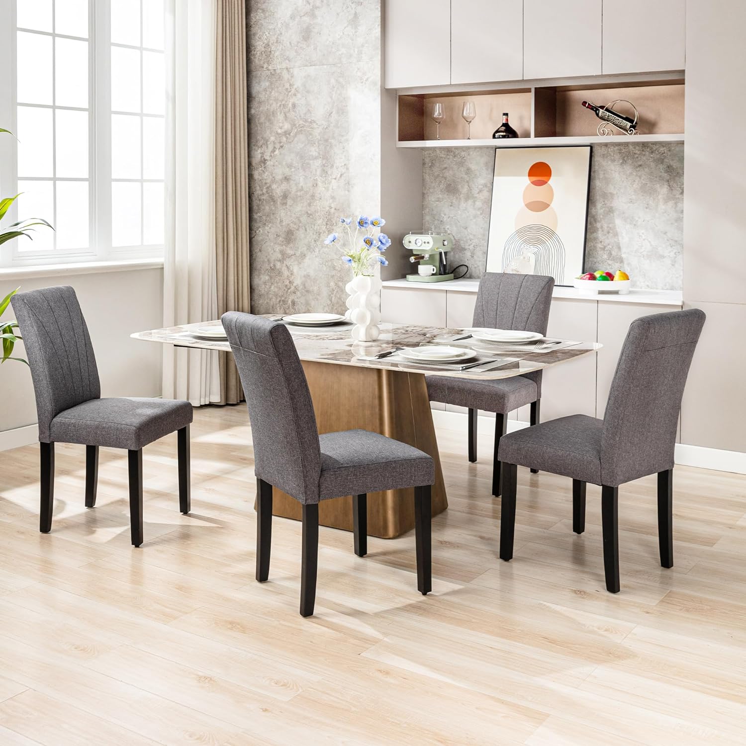 VECELO Set of 2 Upholstered Dining Chairs, Modern Fabric and Solid Wood Legs & High Back