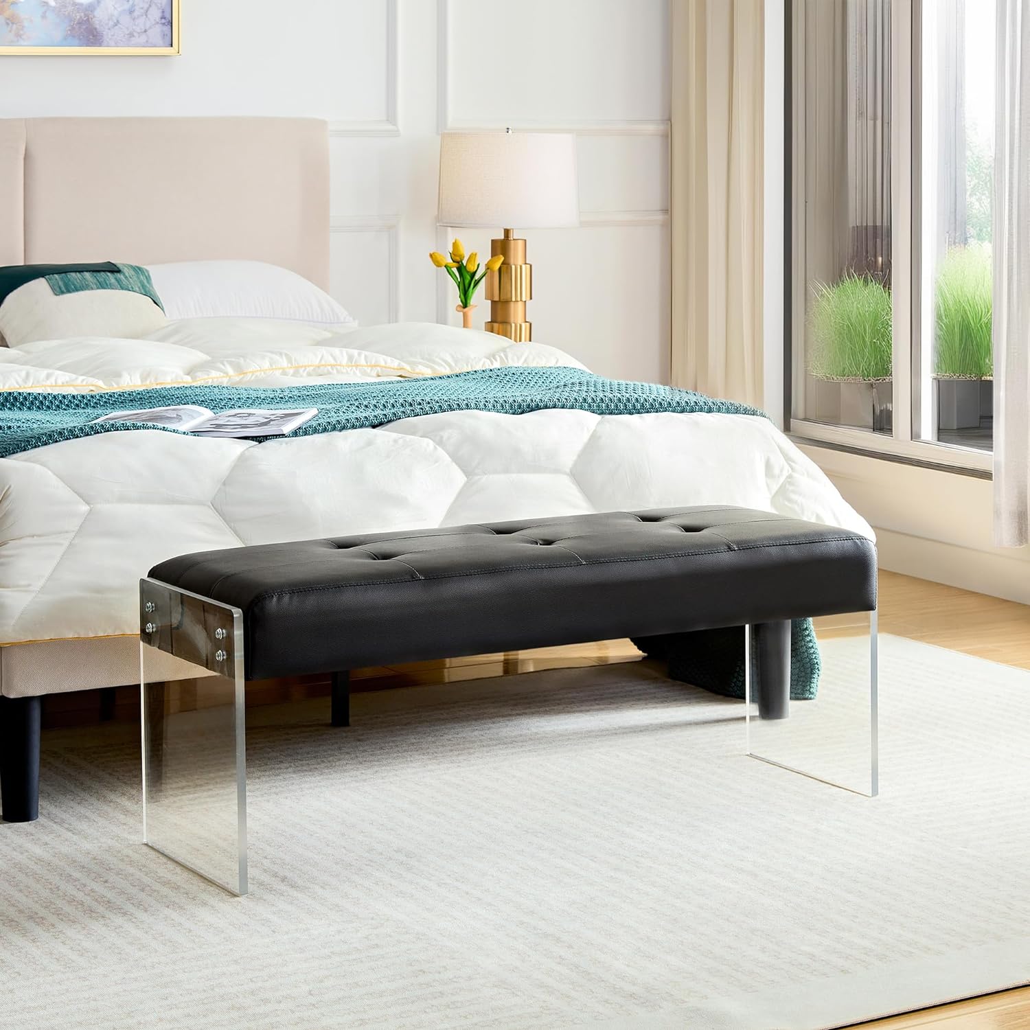 VECELO 44.7” Modern End of Bed, PU Leather Upholstered Entryway Transparent Legs
