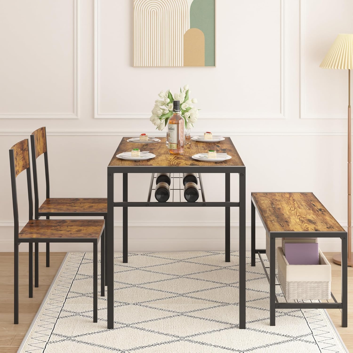 VECELO Kitchen Dining Room Table with 2 Chairs & Bench