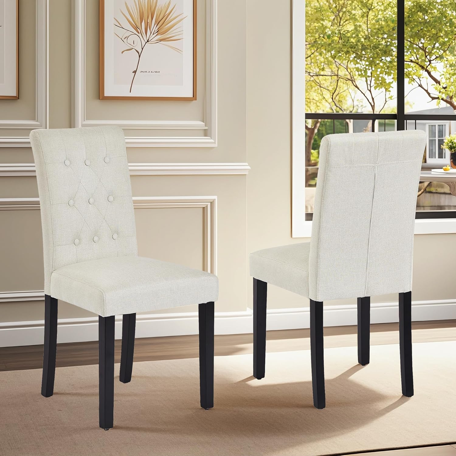 VECELO Upholstered Dining Chairs Set of 2 Button Tufted Back, Padded Seat, Wood Legs with Rubber Footpads