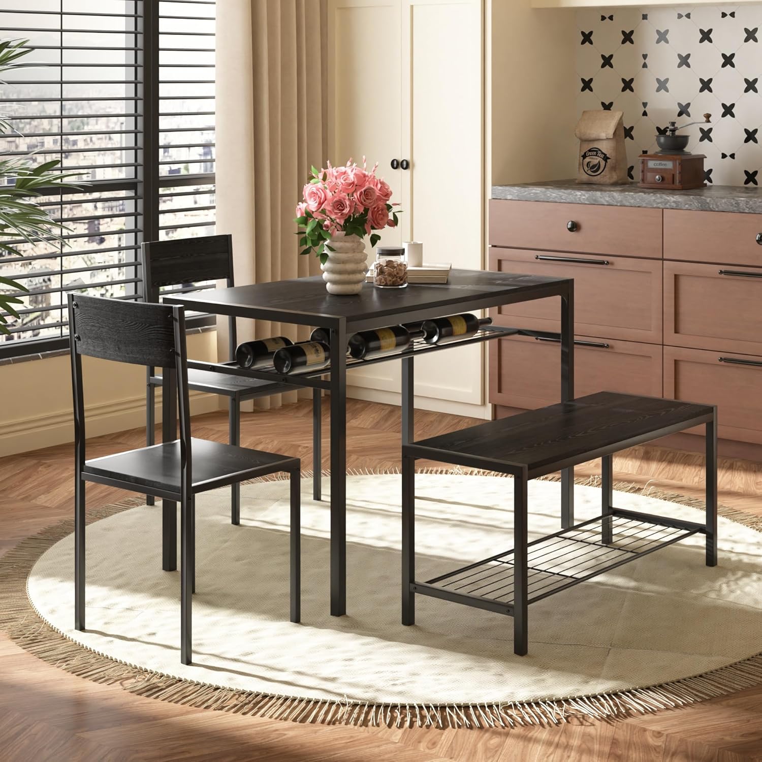 VECELO Kitchen Dining Room Table with 2 Chairs & Bench