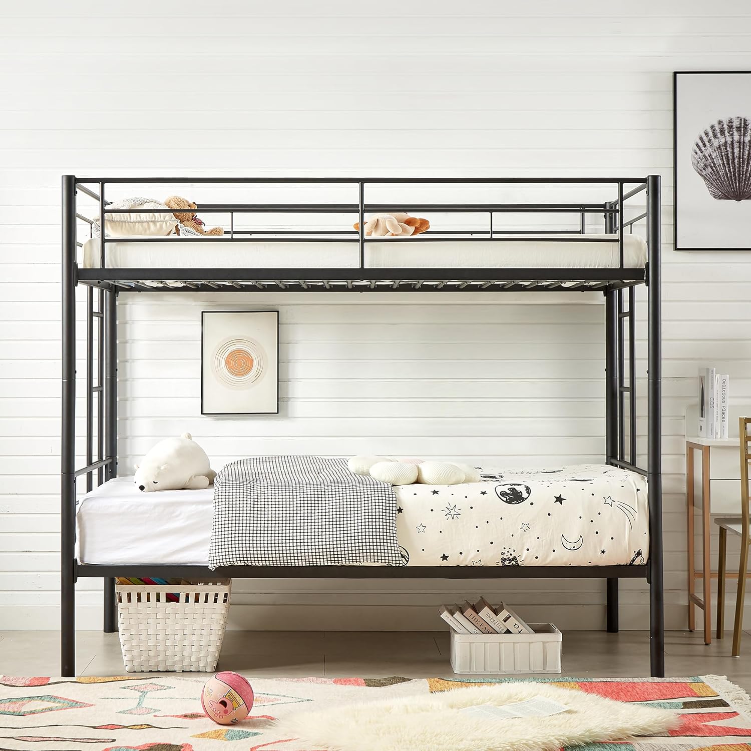 Metal twin over twin bunk bed with outlet trundle