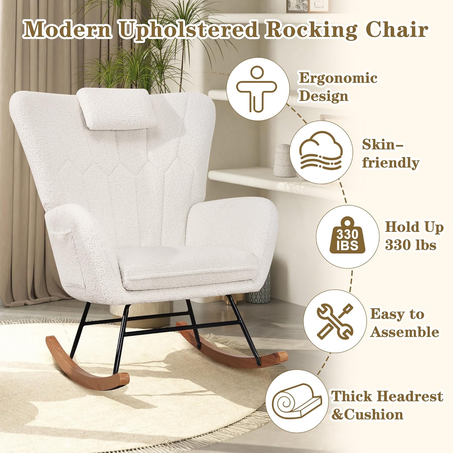 VECELO Rocking Chair Nursery with Thick Headrest Modern Teddy Upholst