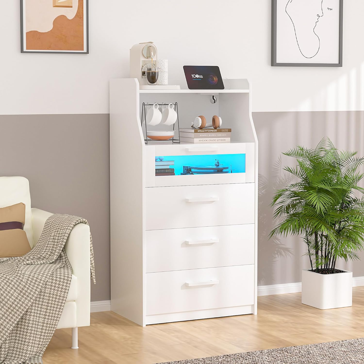 VECELO LED Dresser for Bedroom Tall Chest of 4 Drawers with Power Outlet