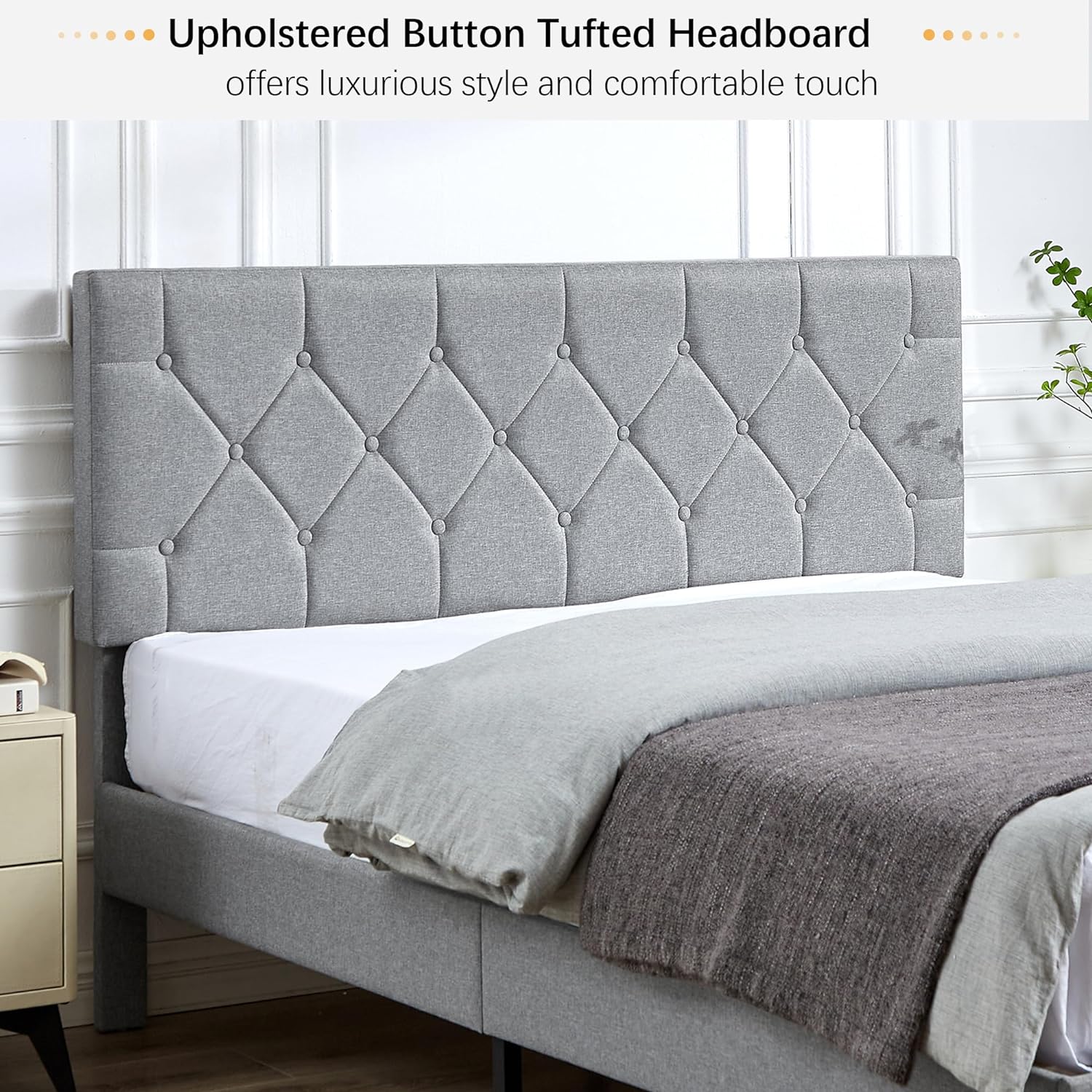 VECELO Queen Size Bed Frame, Upholstered Platform with Adjustable Diamond Tufted Headboard