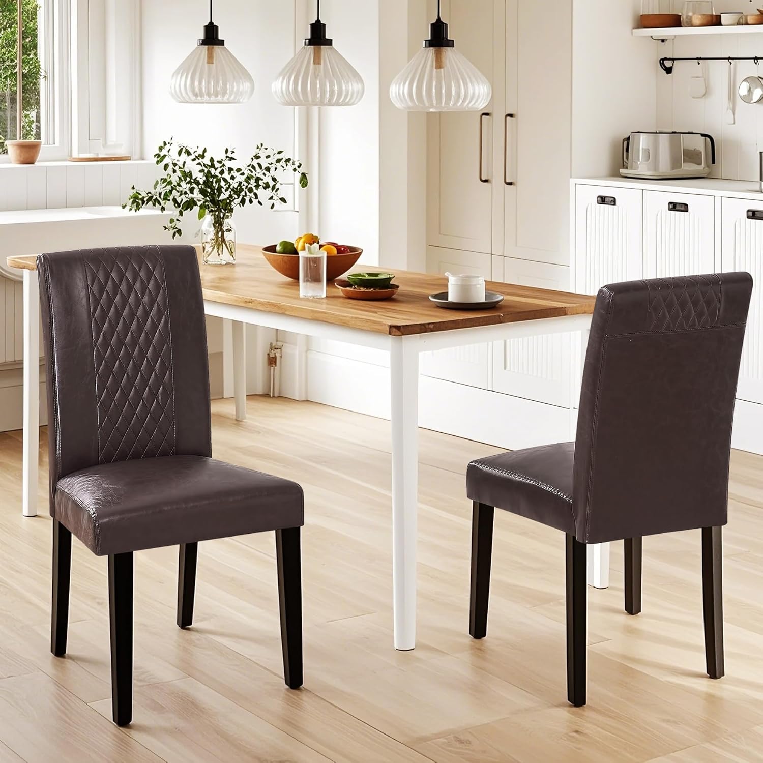 VECELO Dining Chairs Set of 2, Upholstered Fabric Wood Legs High Back for Kitchen Living Room