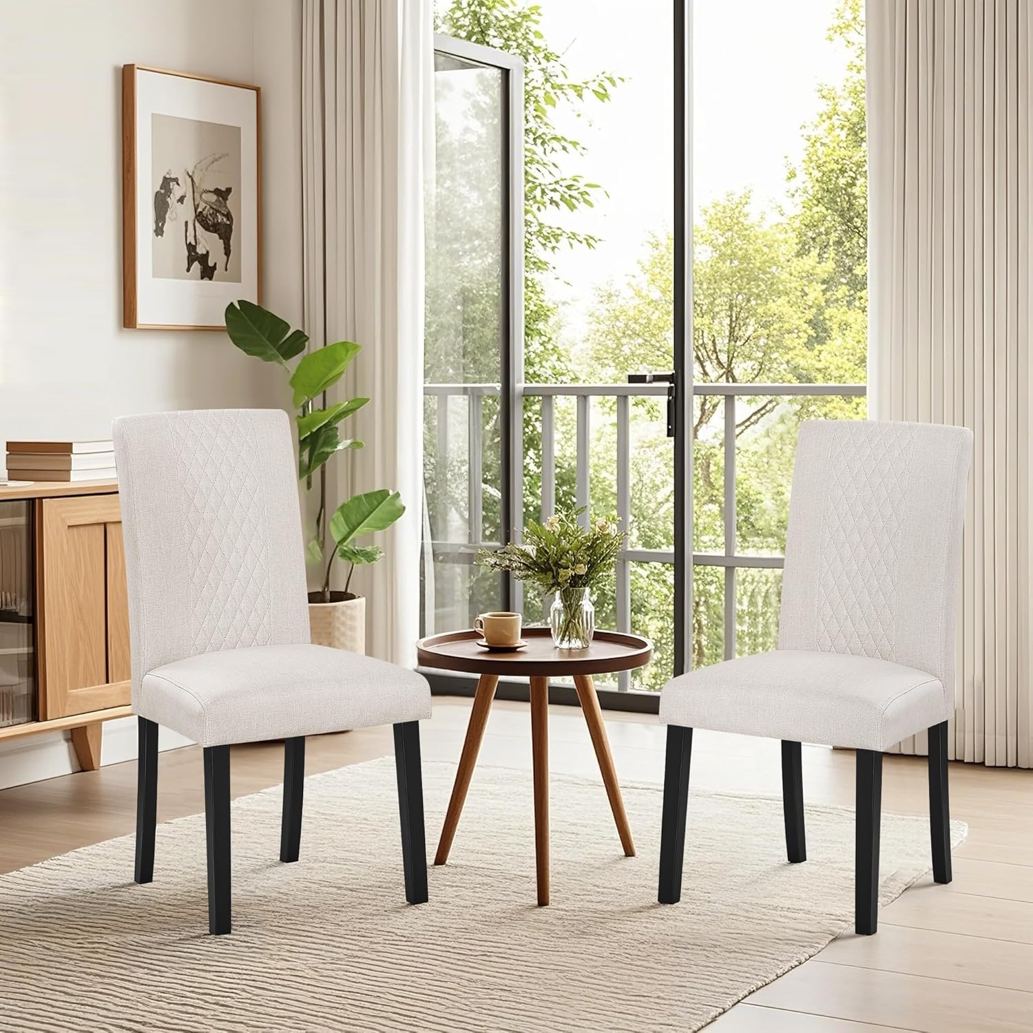 VECELO Dining Chairs Set of 2, Upholstered Fabric Wood Legs High Back for Kitchen Living Room