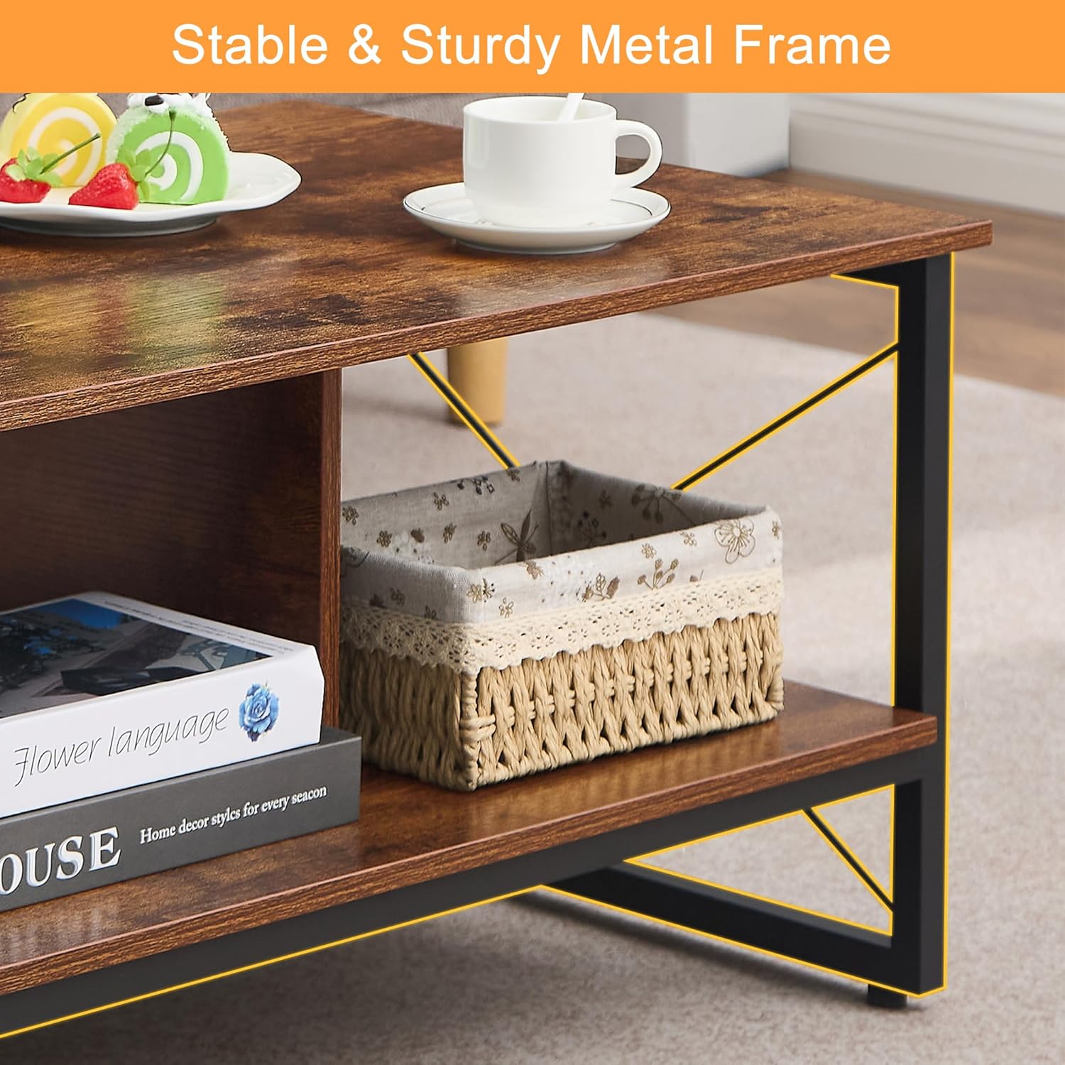 VECELO Wood 2-Tier Black Coffee Table with Storage Shelf