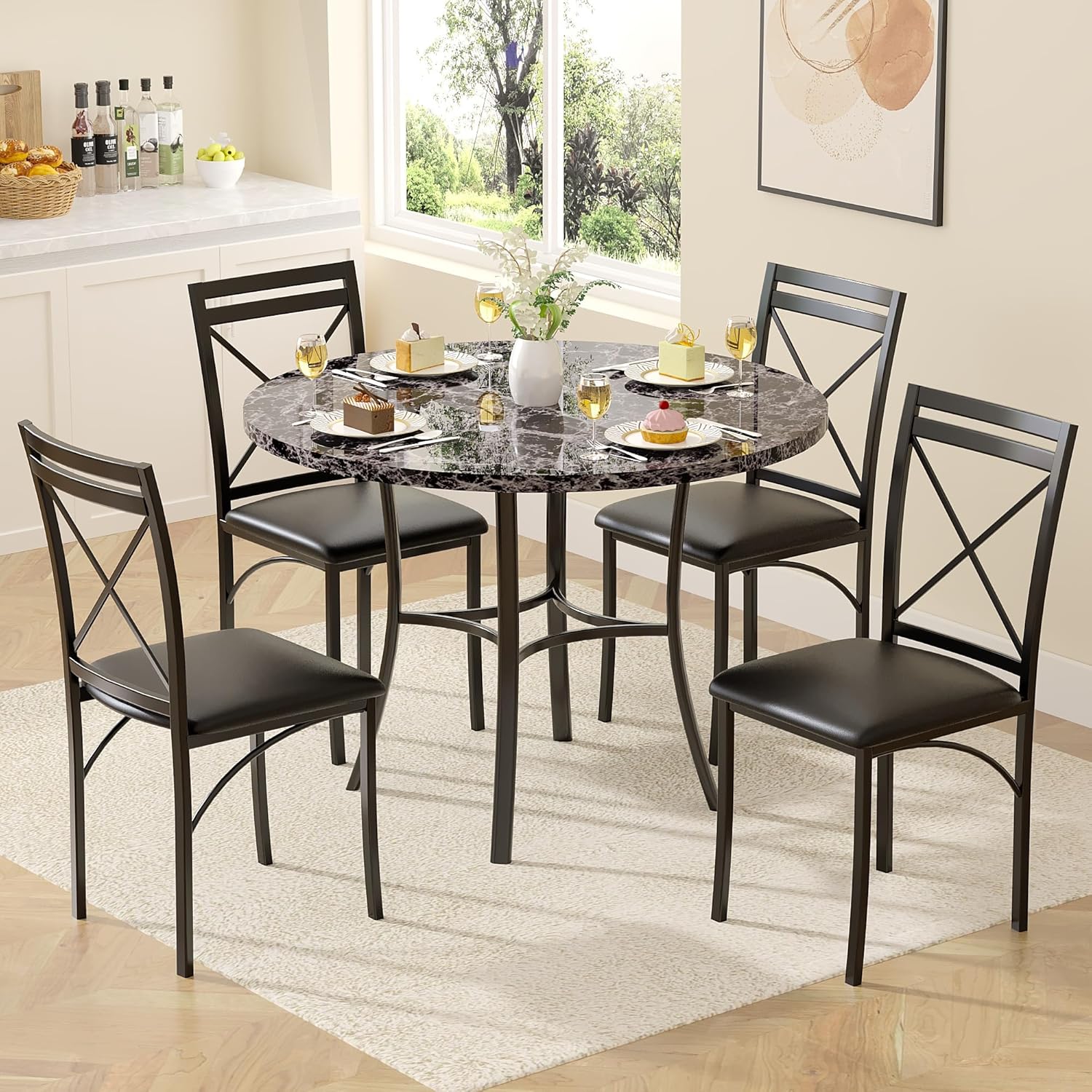 VECELO 36" Round Dining Table for 4, Faux Marble Dinette with Metal Frame for Kitchen