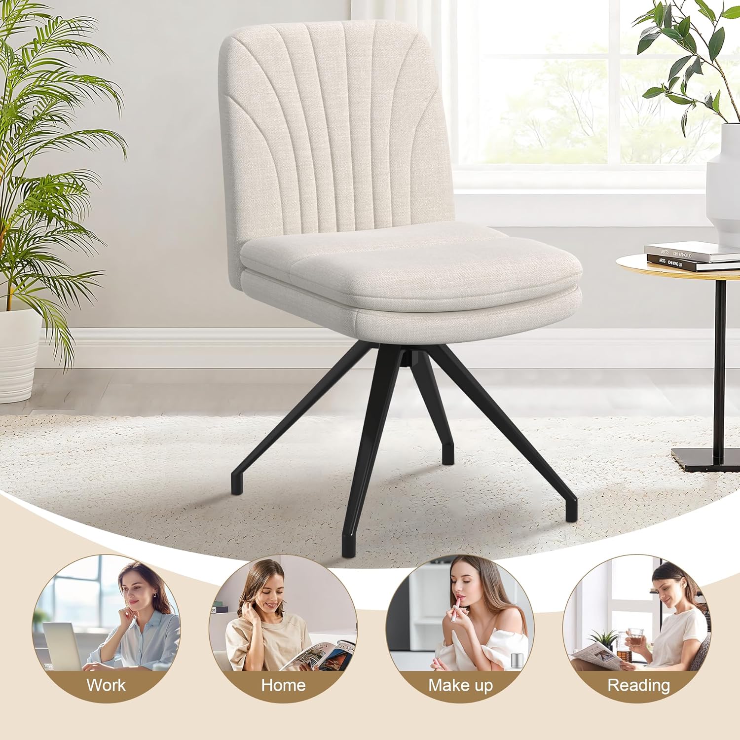 VECELO Armless Office Desk Chair, Criss Cross Legged Vanity Chair with Wide Padded Seat