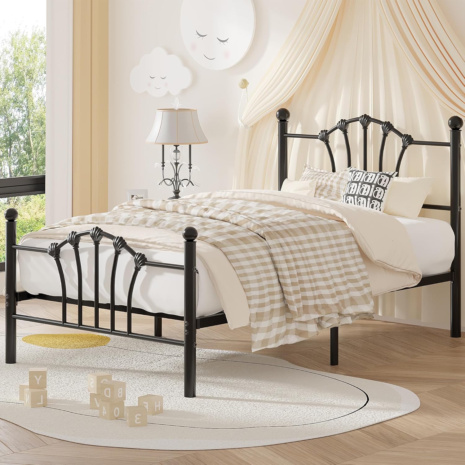 VECELO Twin Size Metal Bed Frame with Shell Headboard and Footboard