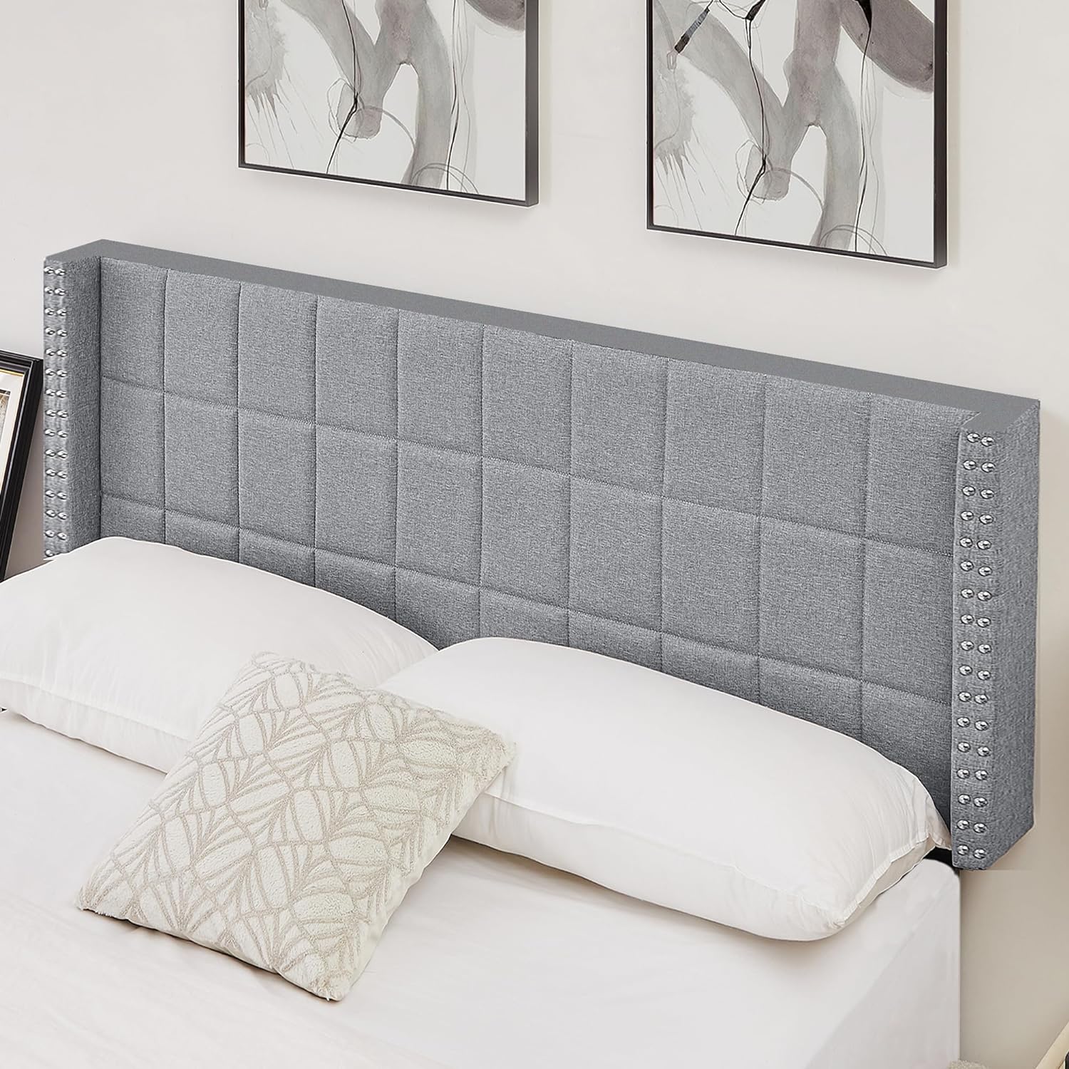 VECELO Linen Upholstered Headboard for Queen/King Size Bed, Tufted Nailhead & Double Wingback for Bedroom