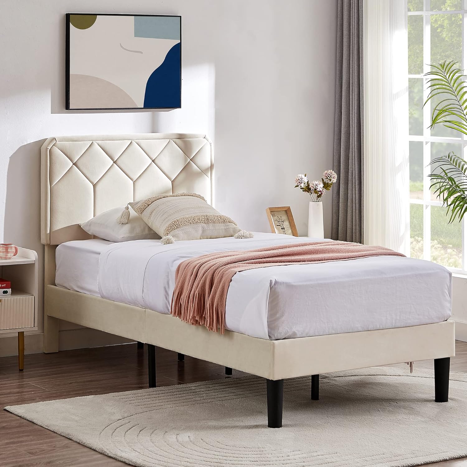 Twin upholstered deals platform bed frame