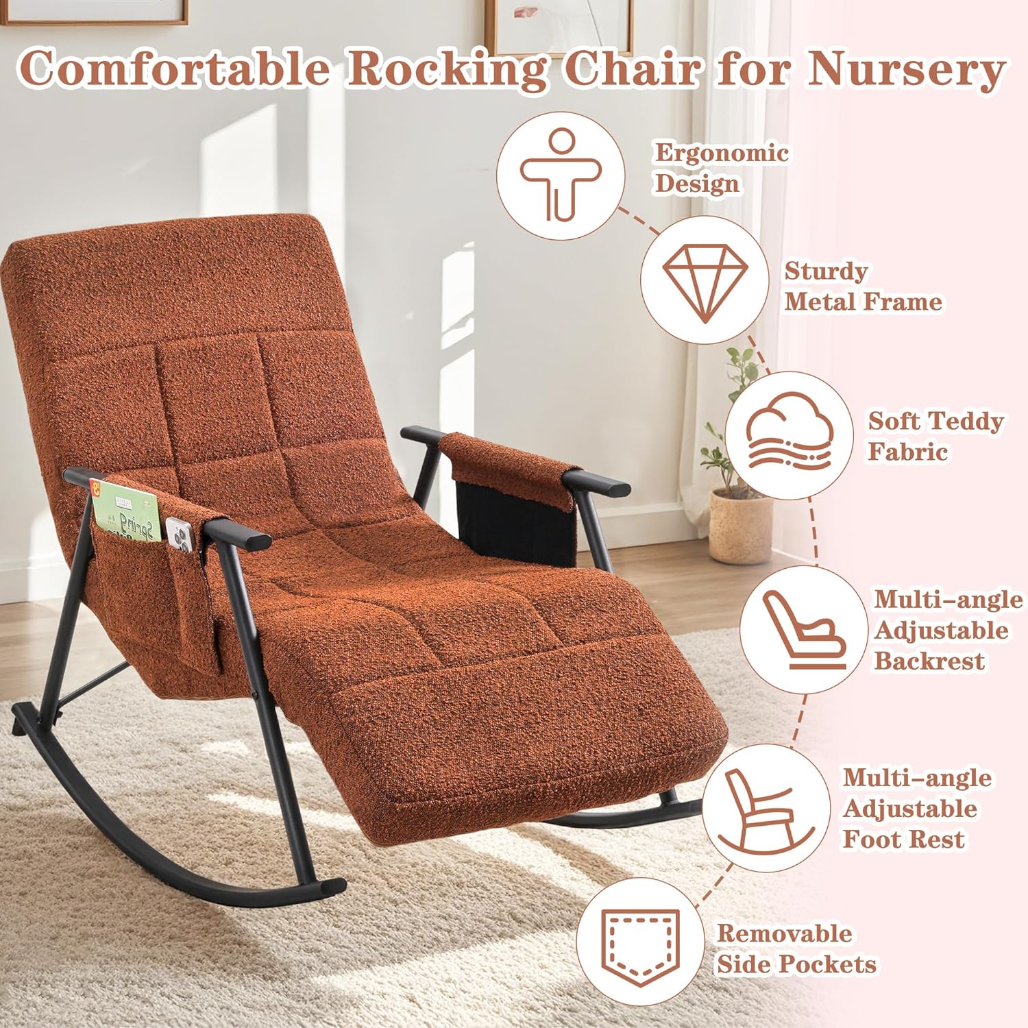 VECELO High Back Nursery Rocking Chair with Foot Rest Teddy Upholster