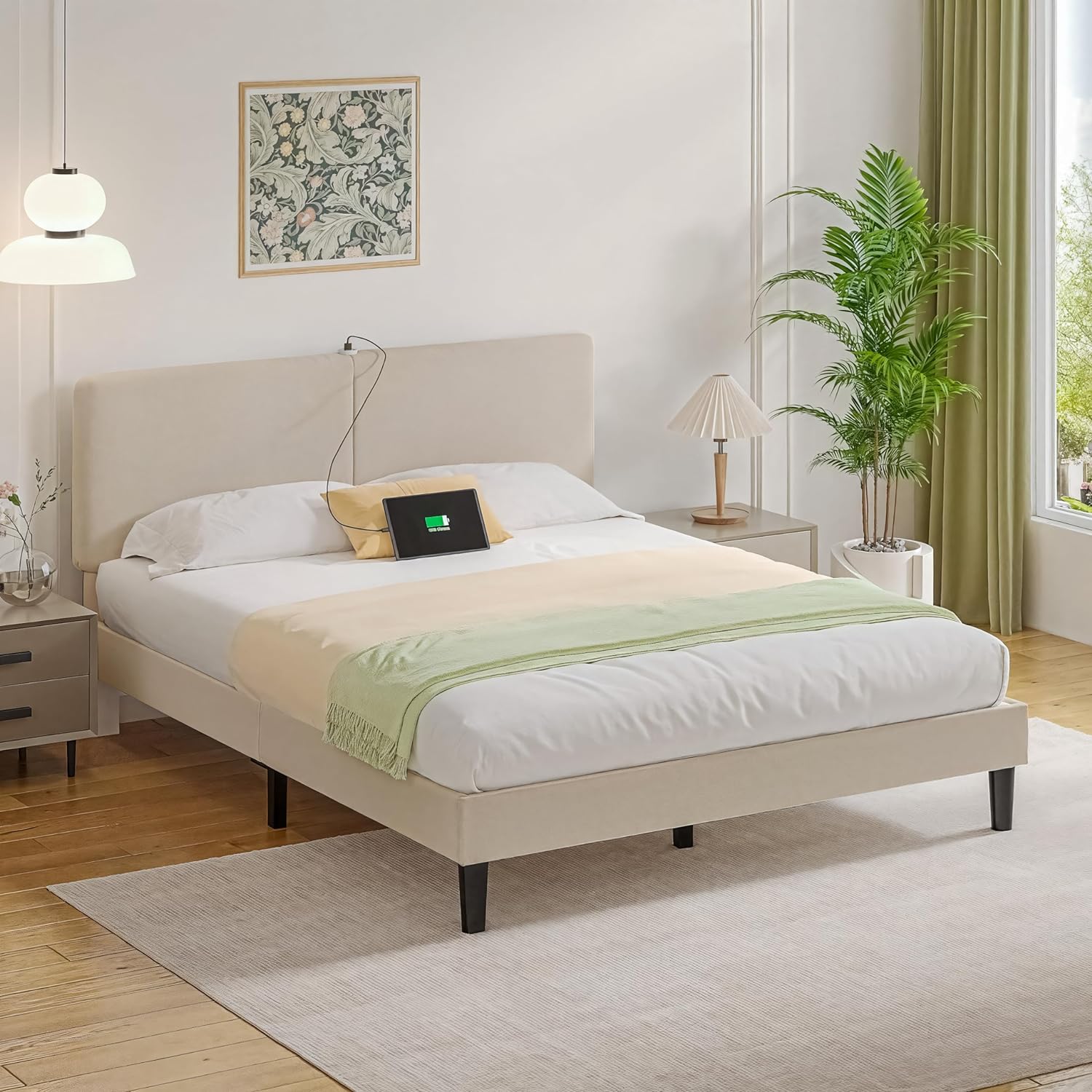 VECELO Twin/Full/Queen Bed Frame Upholstered Platform with Type-C & USB Ports Height-Adjustable Cotton and Linen Headboard