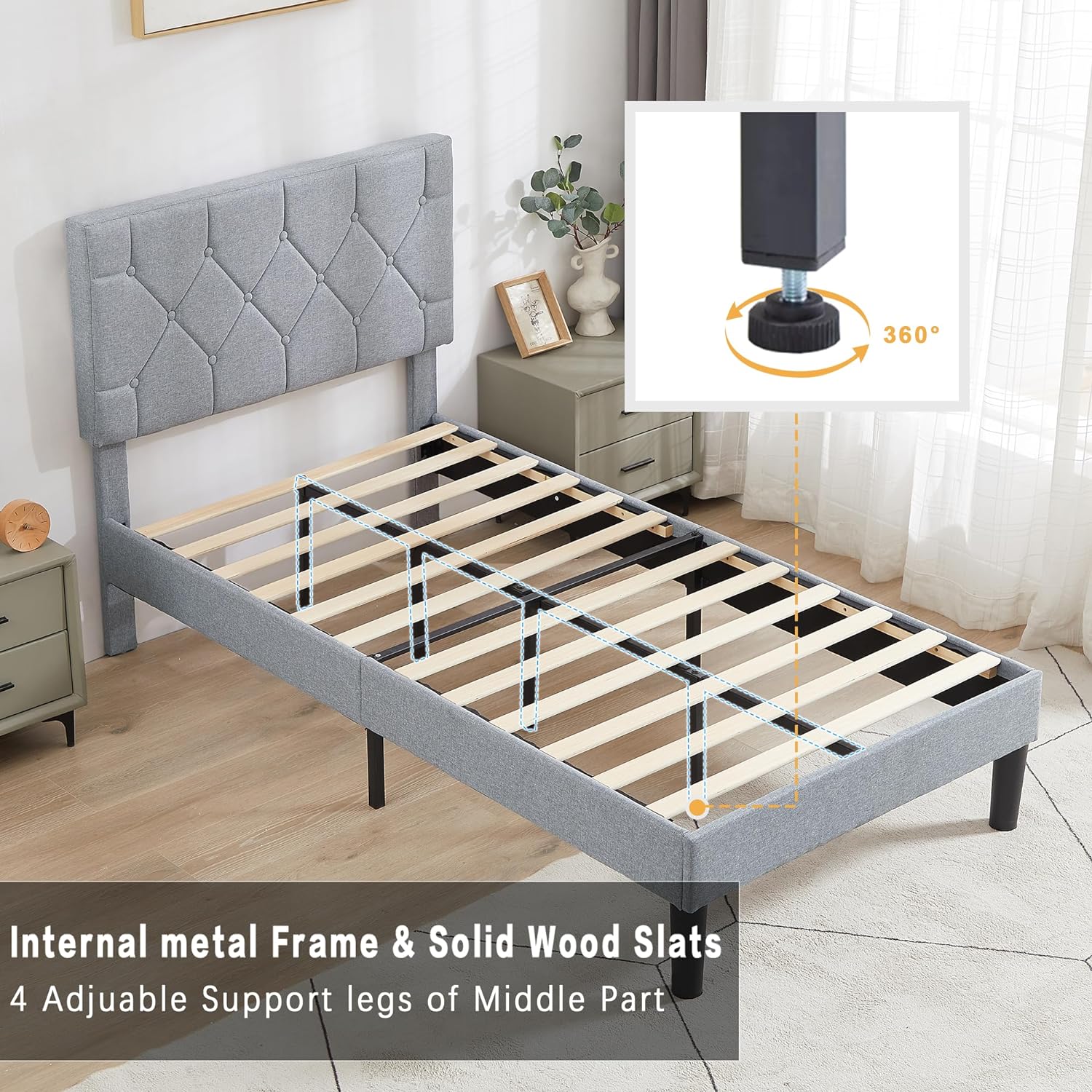 VECELO Queen Size Bed Frame, Upholstered Platform with Adjustable Diamond Tufted Headboard