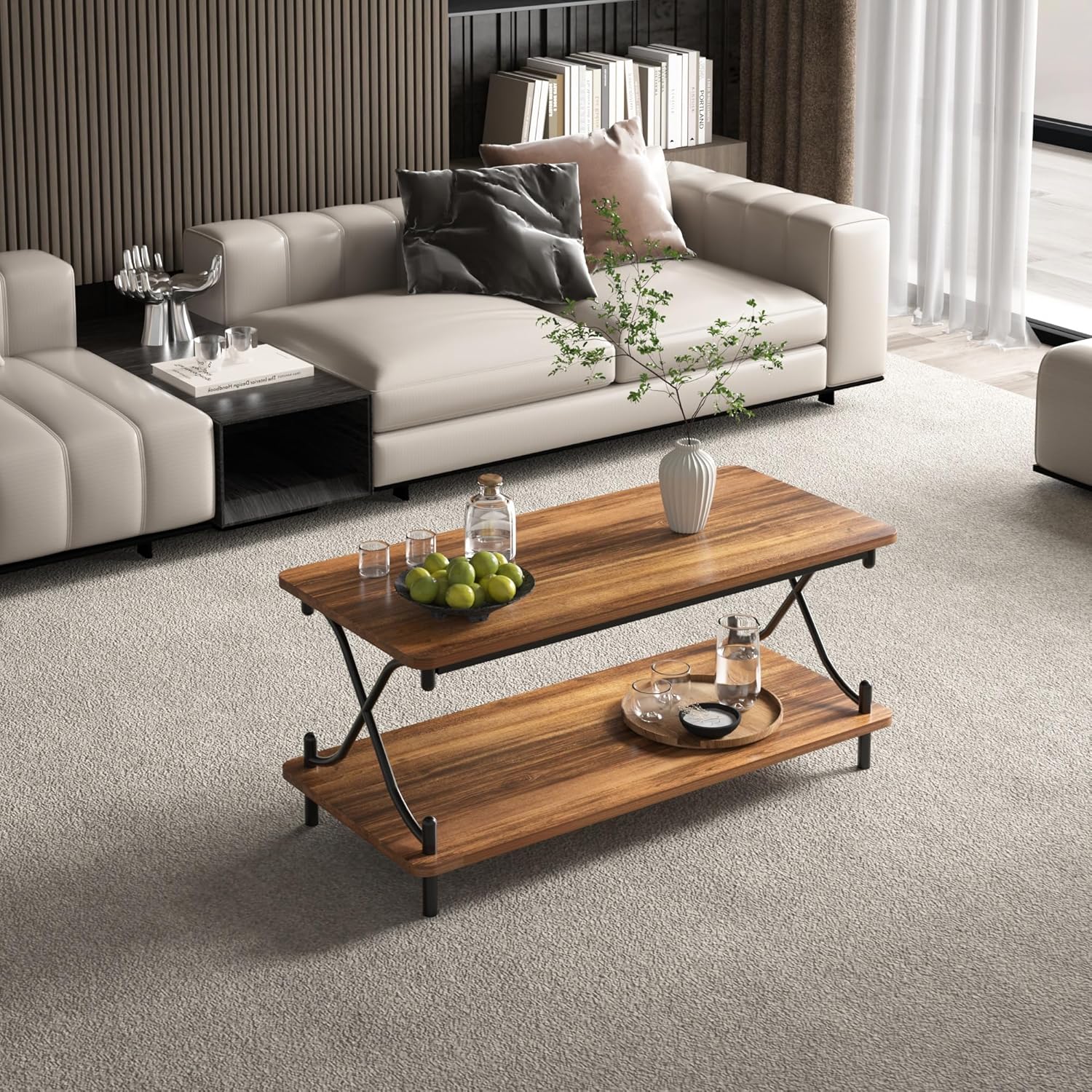 VECELO 39-Inch Coffee Table with Storage and Open Shelves