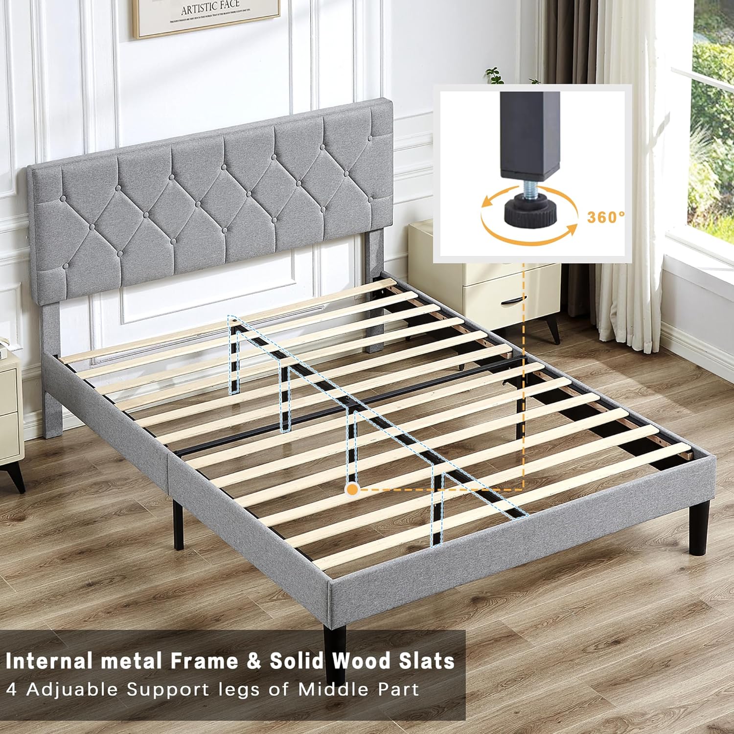 VECELO Queen Size Bed Frame, Upholstered Platform with Adjustable Diamond Tufted Headboard