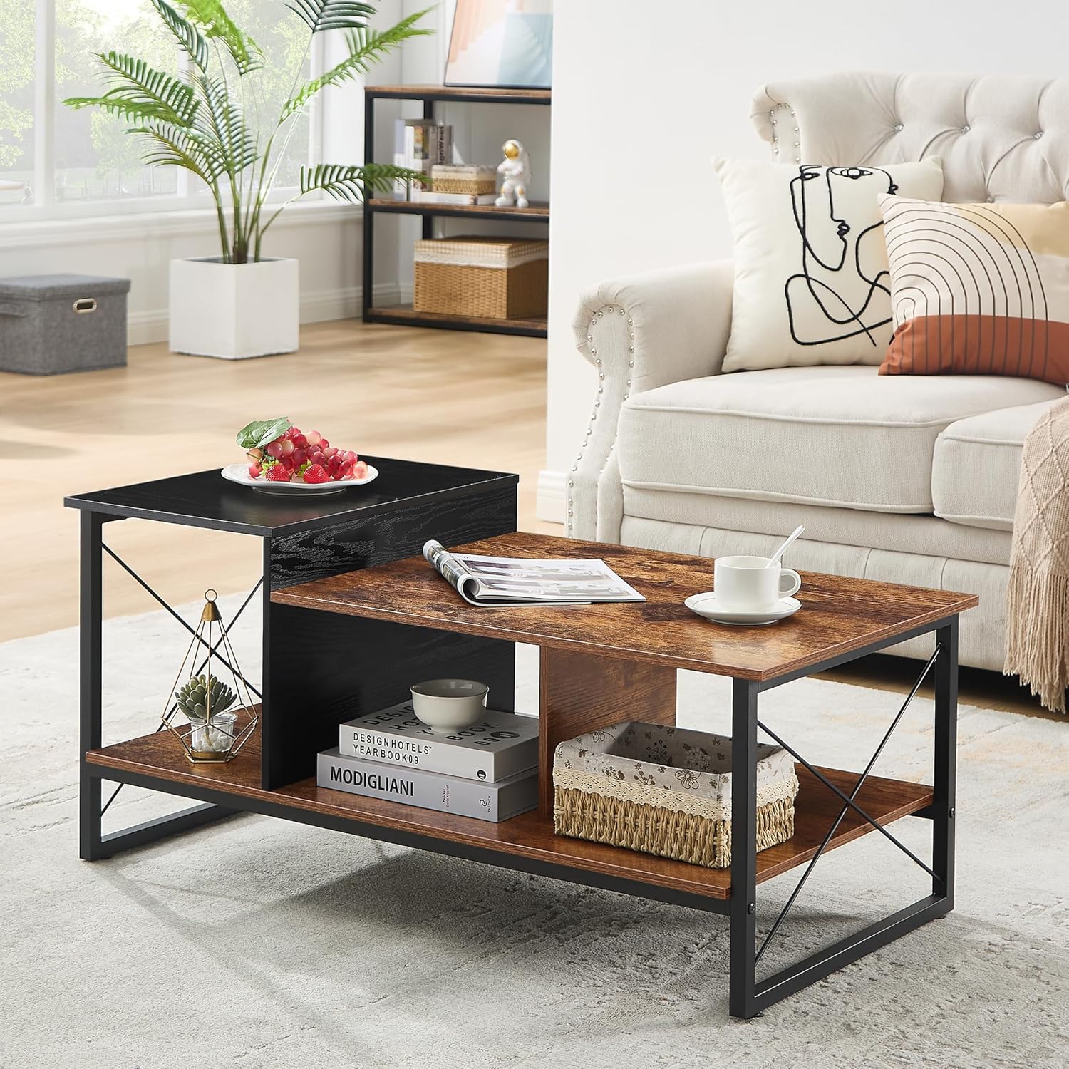 VECELO Wood 2-Tier Black Coffee Table with Storage Shelf