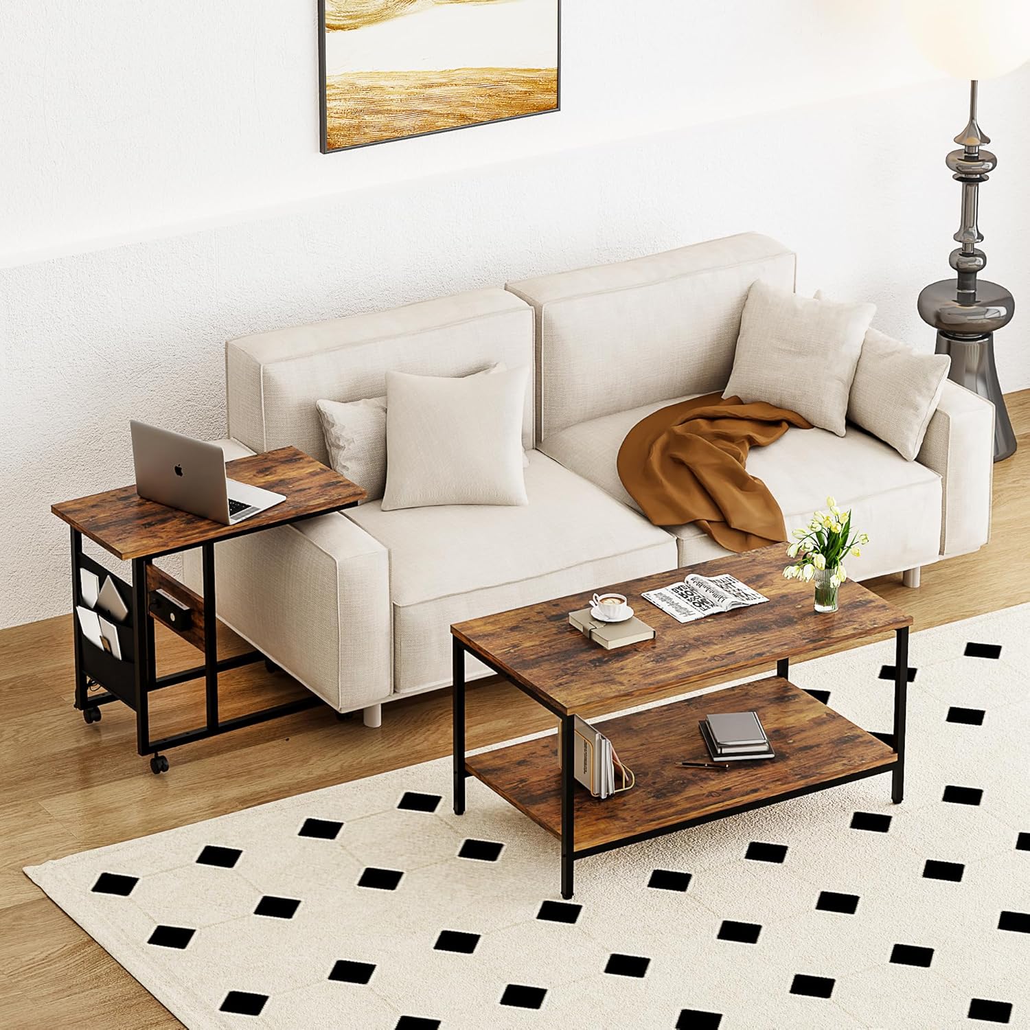 VECELO Coffee Table, Adjustable Coffee Table Set of 2 with End Table for Living Room