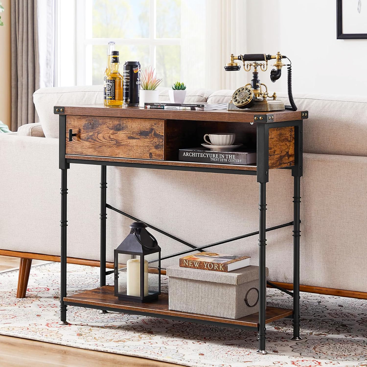 VECELO Console Table with Drawers, Narrow Wood Sofa Accent Furniture with Storage Shelf