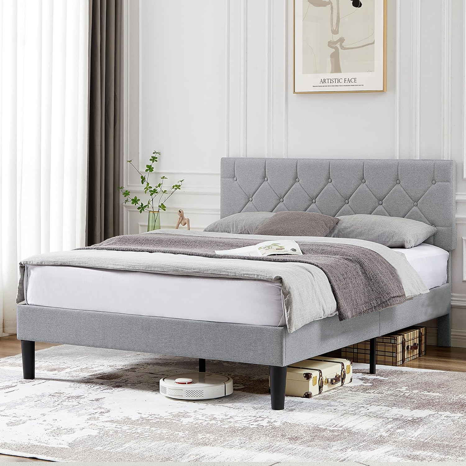 VECELO Queen Size Bed Frame, Upholstered Platform with Adjustable Diamond Tufted Headboard