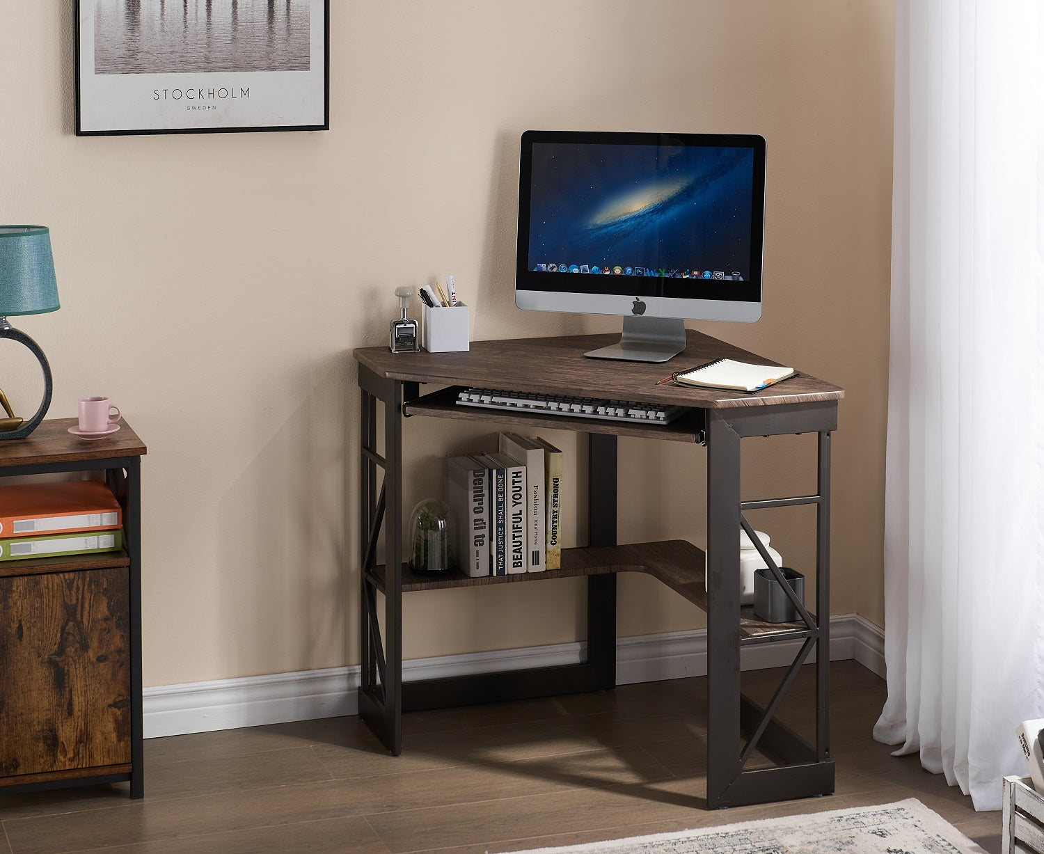 Space Saving Corner Computer Desk with 2 Large Drawers and Storage Shelf-White