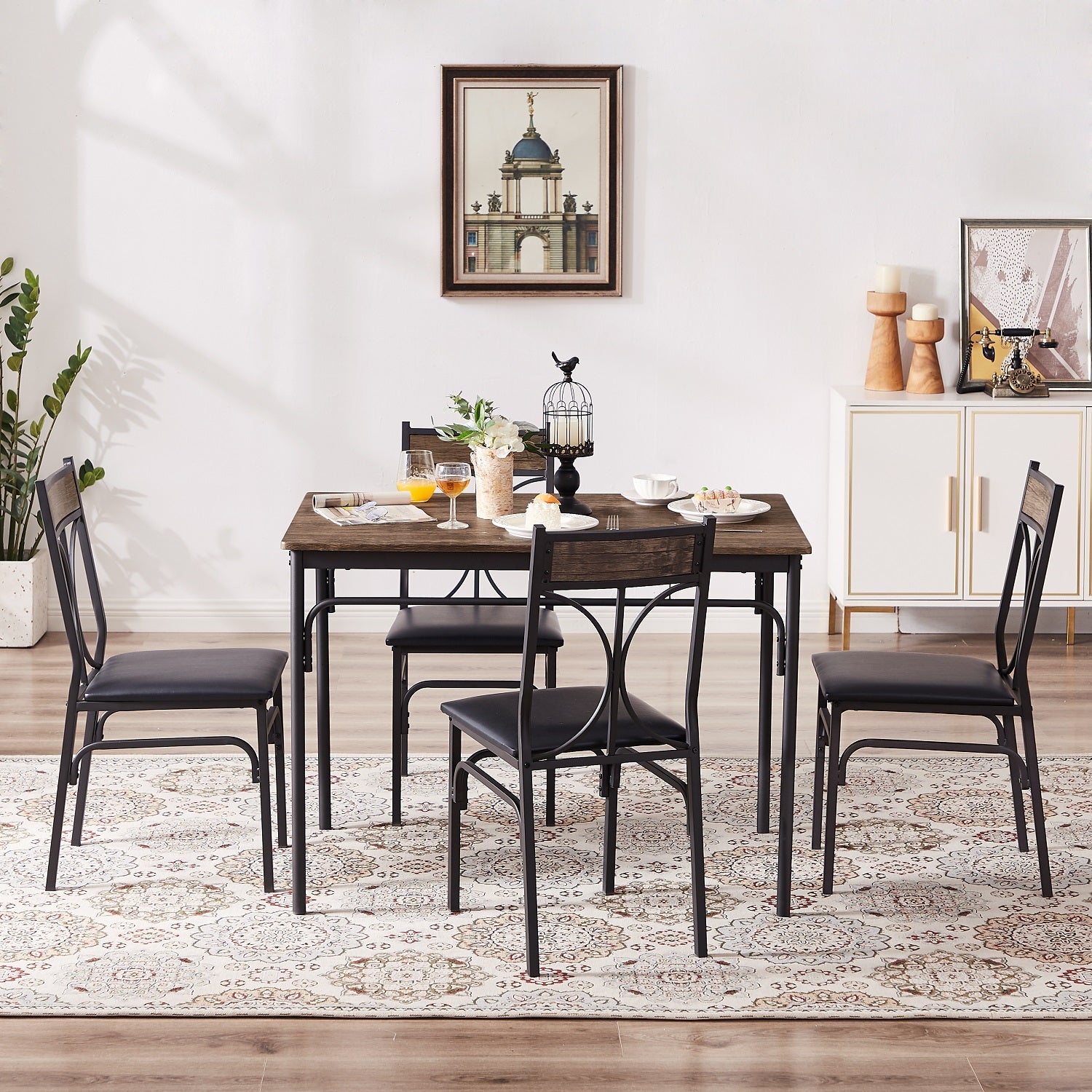 VECELO Industrial 5-Piece Modern Rectangular Dining Table Set with 4 C