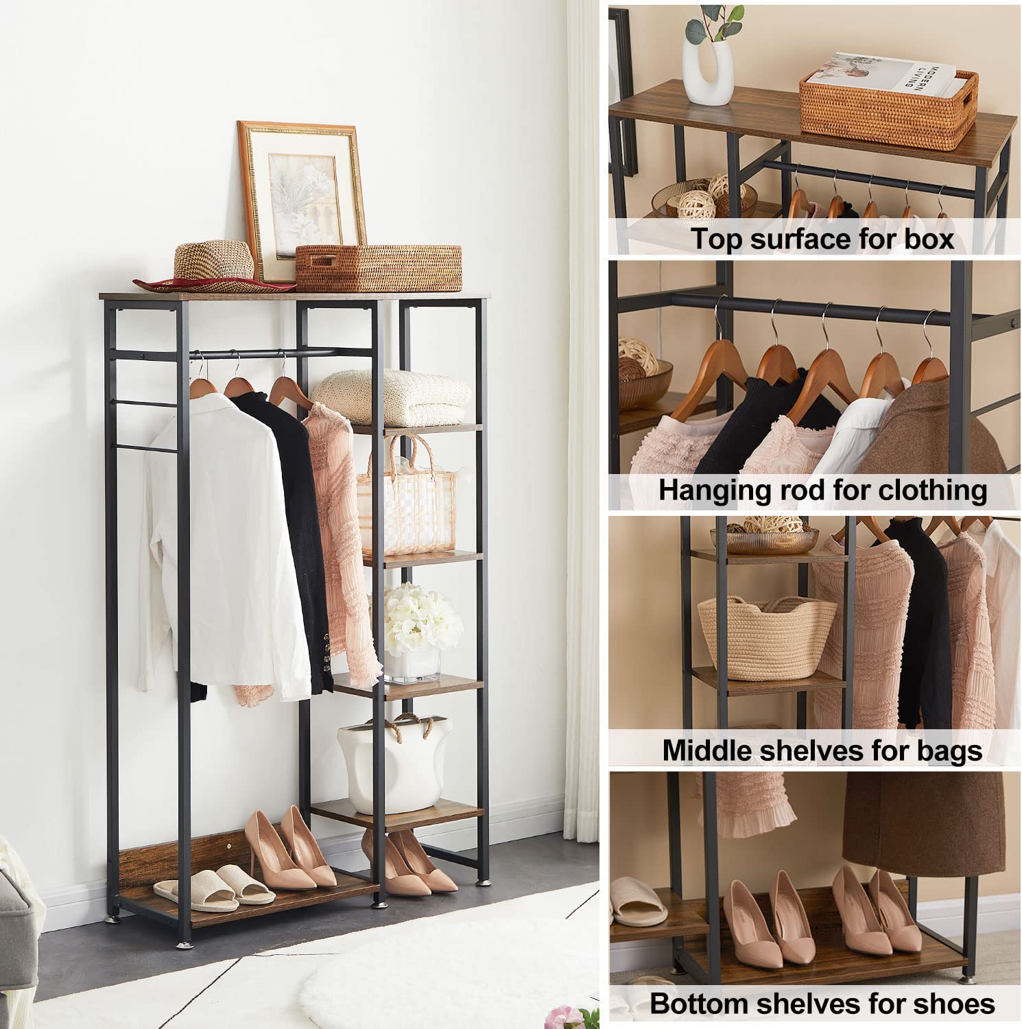 Freestanding Closet Organizer, Modern Garment Rack with Drawers