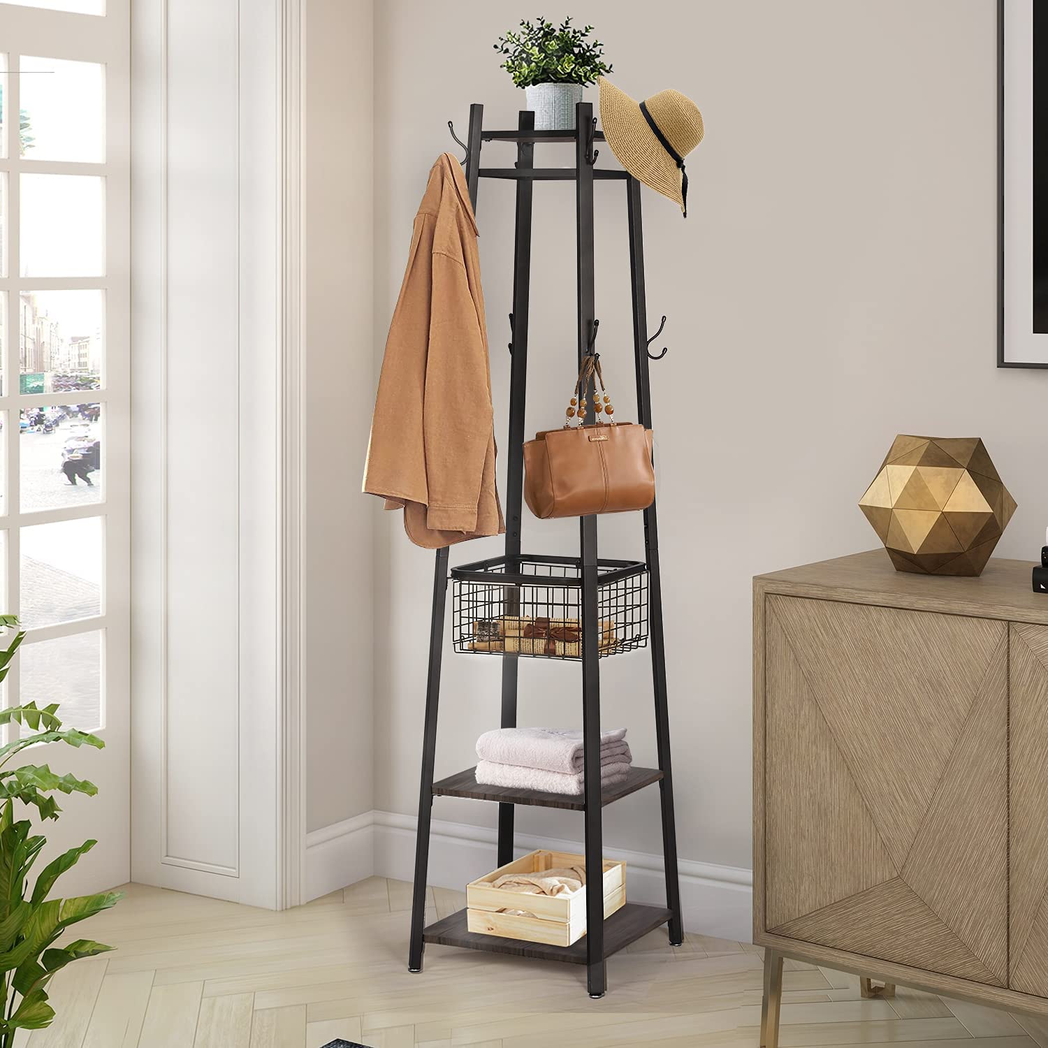 Industrial Coat Rack Enterway Clothes Stand with 2 Tier Storage