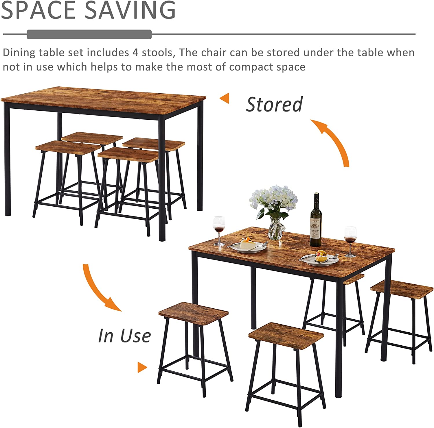 VECELO 5 Piece Set for 4 Persons Rectangular Bar Dinette Metal an