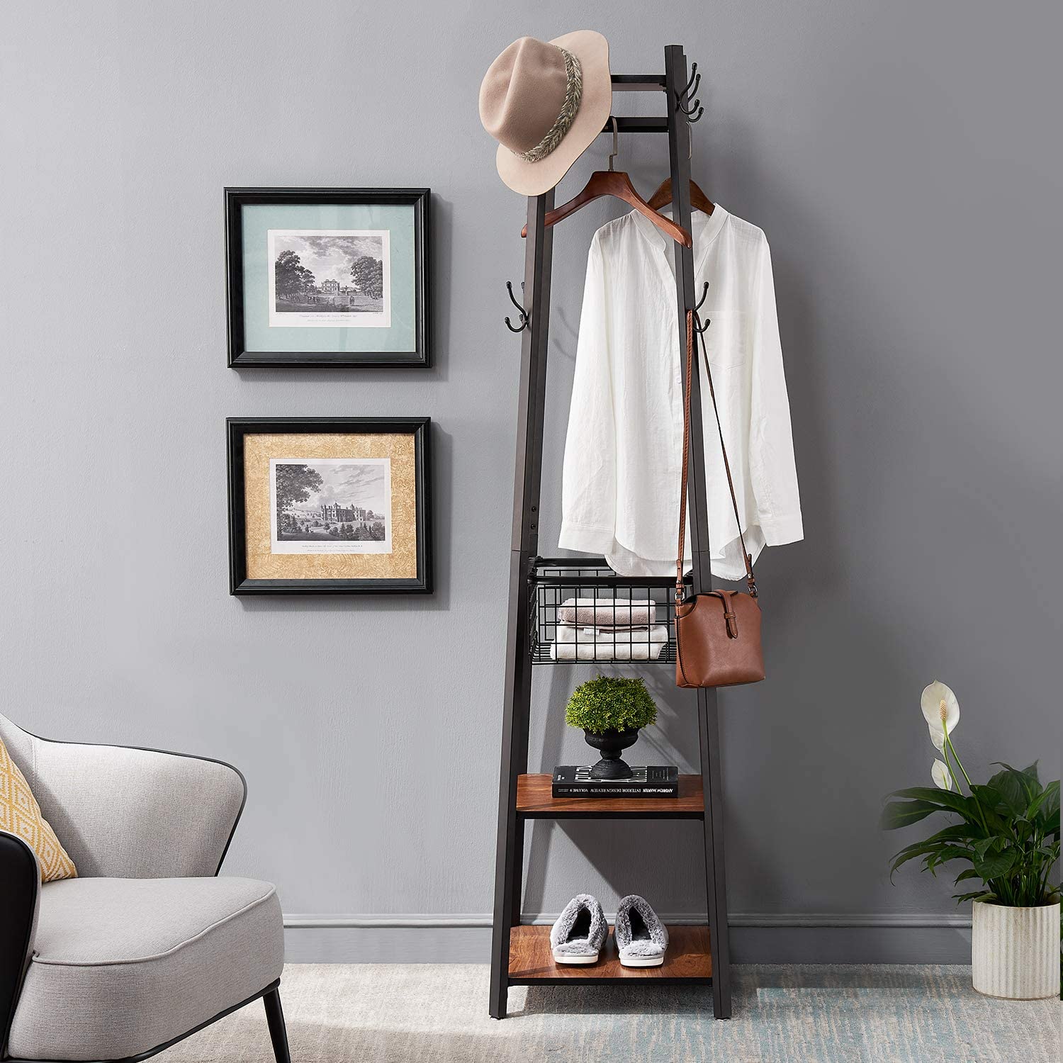 Industrial Coat Rack Enterway Clothes Stand with 2 Tier Storage  Shelves/Basket,Hall Trees with 8 Dual Hooks, Brown+Black