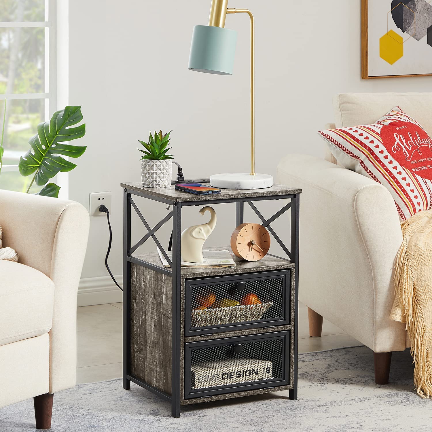 Black Nightstand with Charging Station Industrial authentic End Side Table with USB Ports