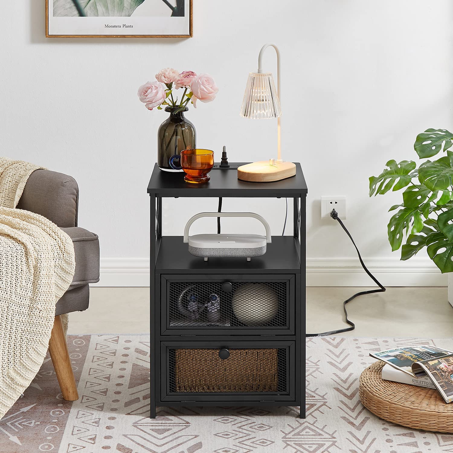 Black end table with shop charging station