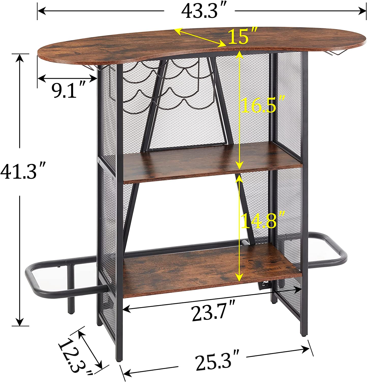VECELO Bar Unit with Metal Mesh Front, 3-Tier Wine Rack Table with Gla